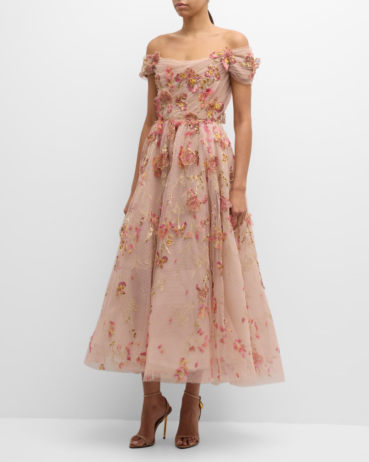 MARCHESA MULTICOLOR FLORAL EMBROIDERED COCKTAIL DRESS WITH 3D FLOWER ACCENTS