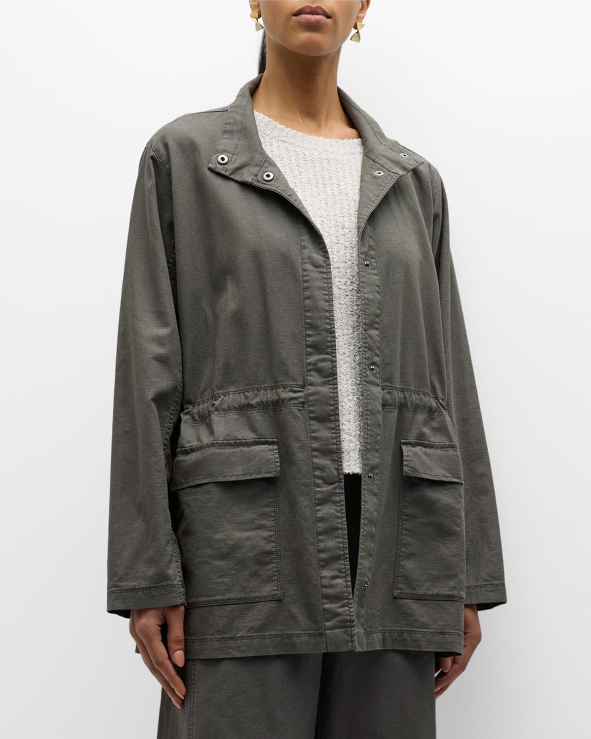 Shop Eileen Fisher Stand-collar Snap-front Jacket In Grove