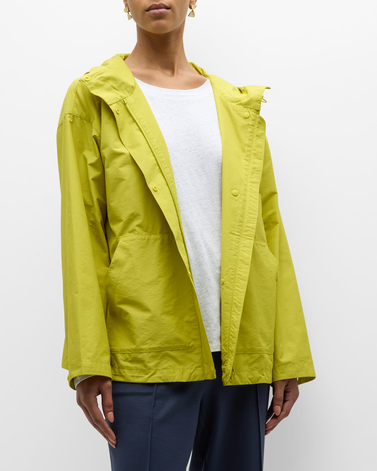 Eileen Fisher Petite Lightweight Snap-front Hooded Anorak In Citron