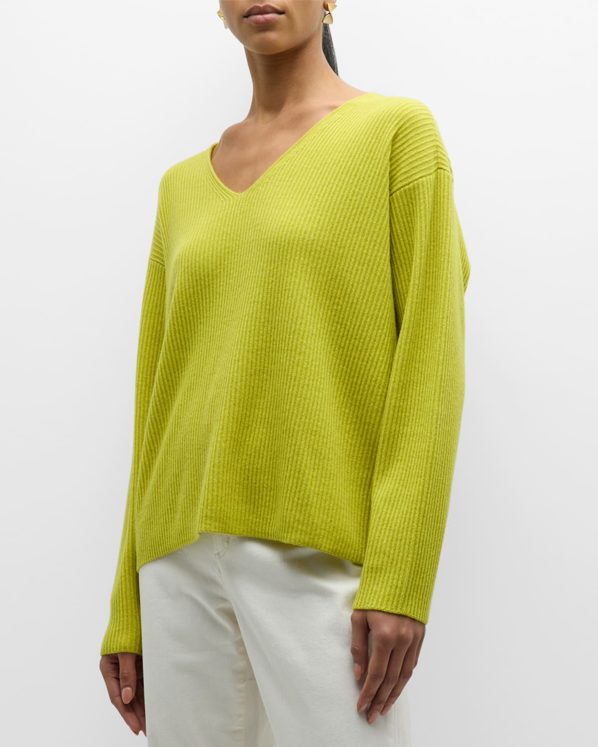Eileen Fisher Ribbed V-neck Cashmere Sweater In Citron