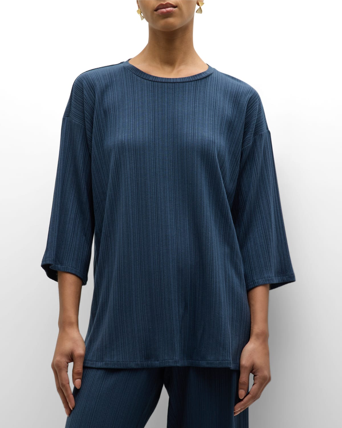 Eileen Fisher Ribbed 3/4-sleeve Side-slit Tunic In Ocean