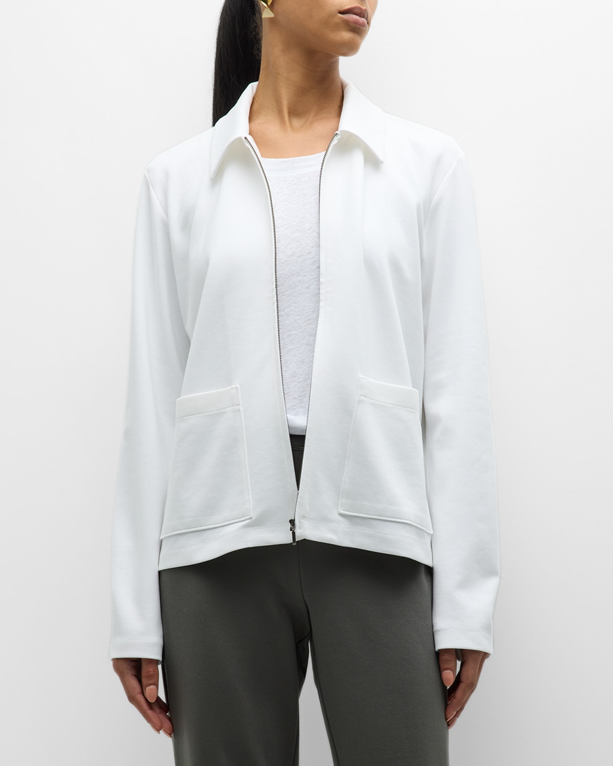 Shop Eileen Fisher Zip-front Washable Flex Ponte Jacket In Ivory