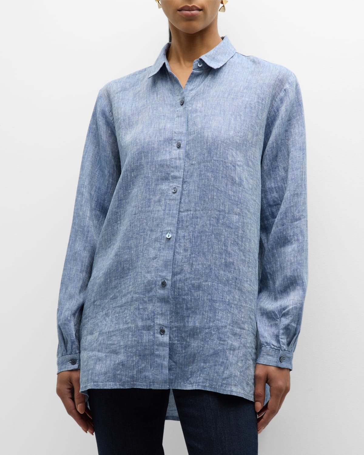 Shop Eileen Fisher Button-down Organic Linen Shirt In Chambray