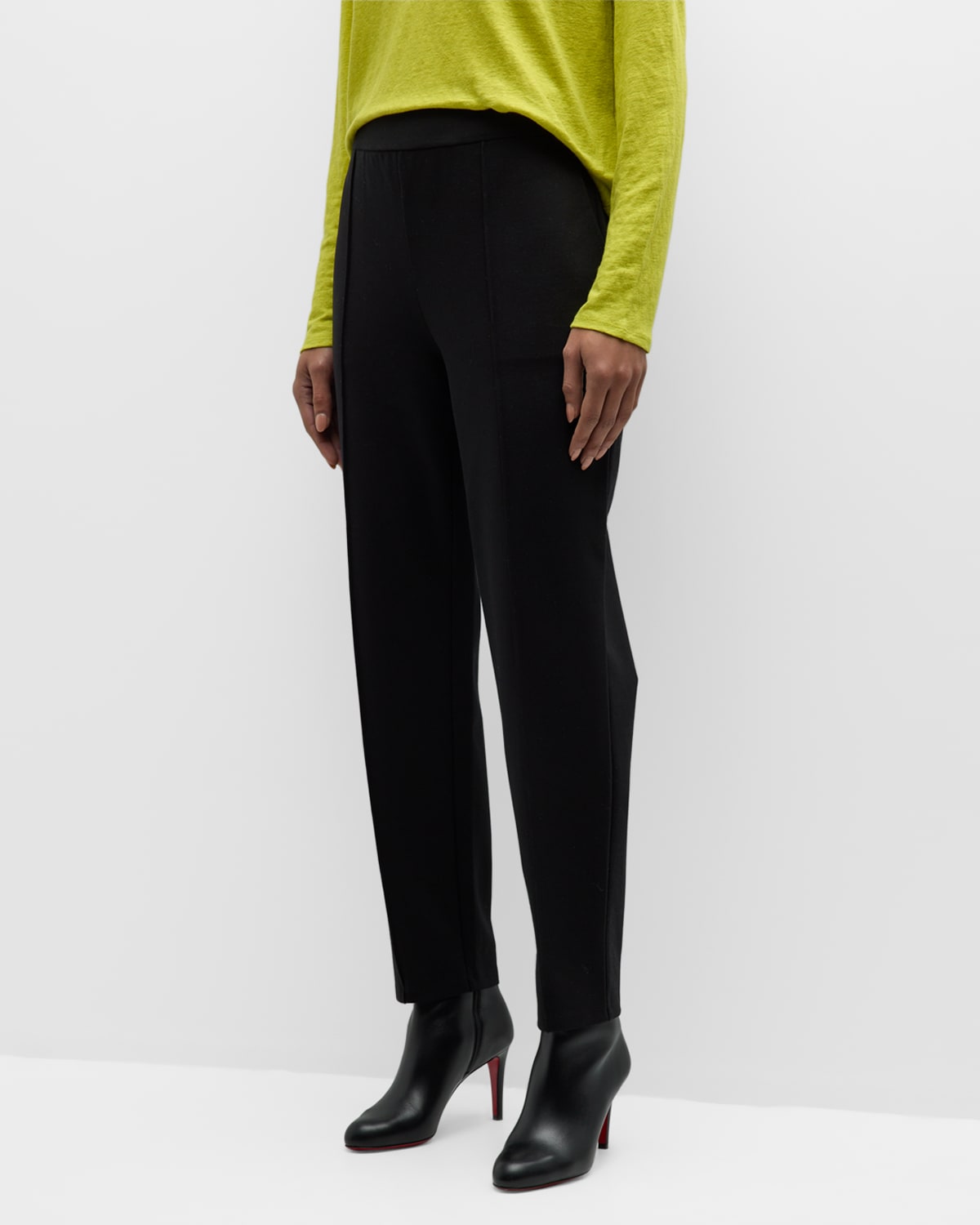 Eileen Fisher Petite Tapered Pintuck Flex Ponte Ankle Pants In Black