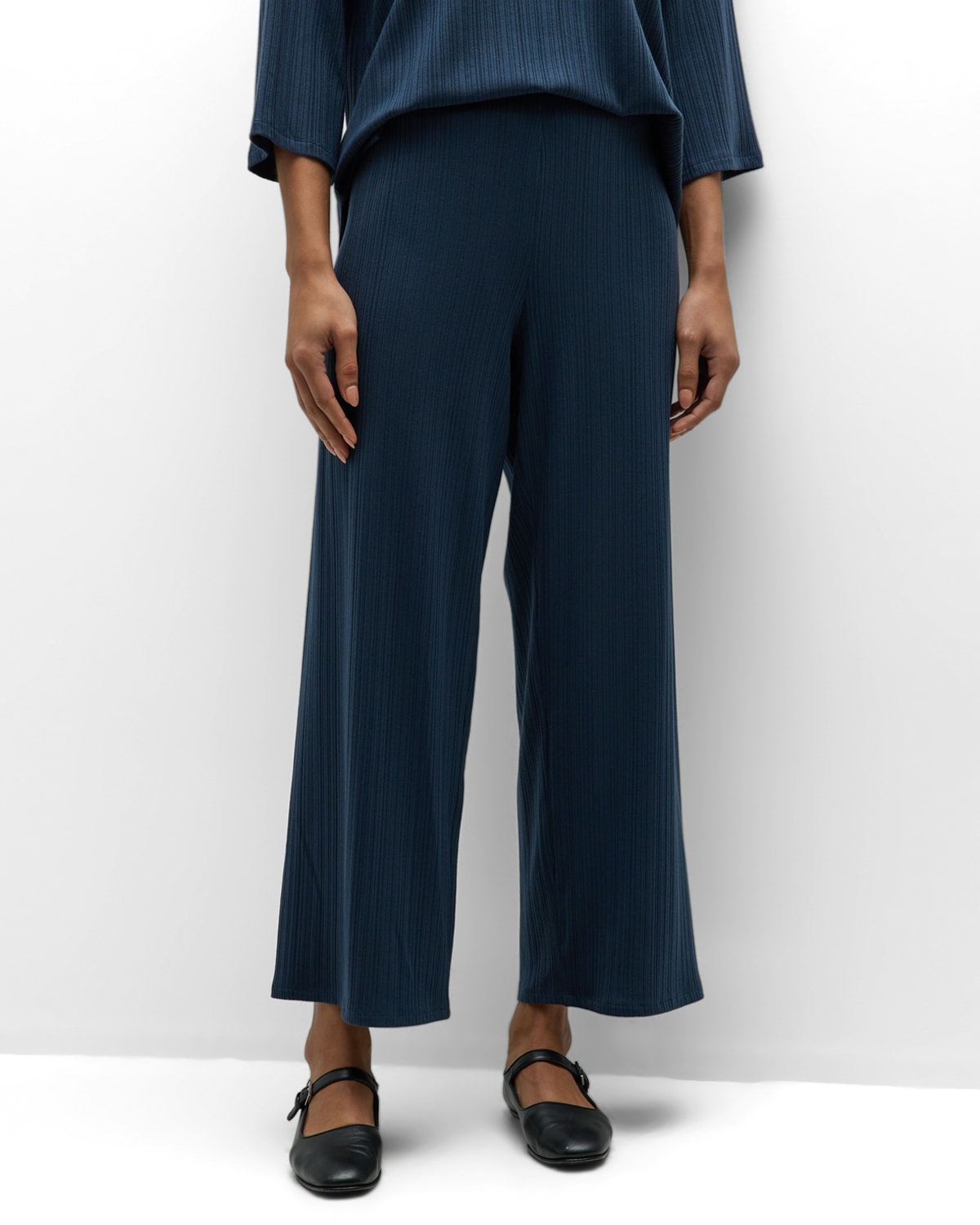 EILEEN FISHER CROPPED WIDE-LEG RIBBED KNIT PANTS