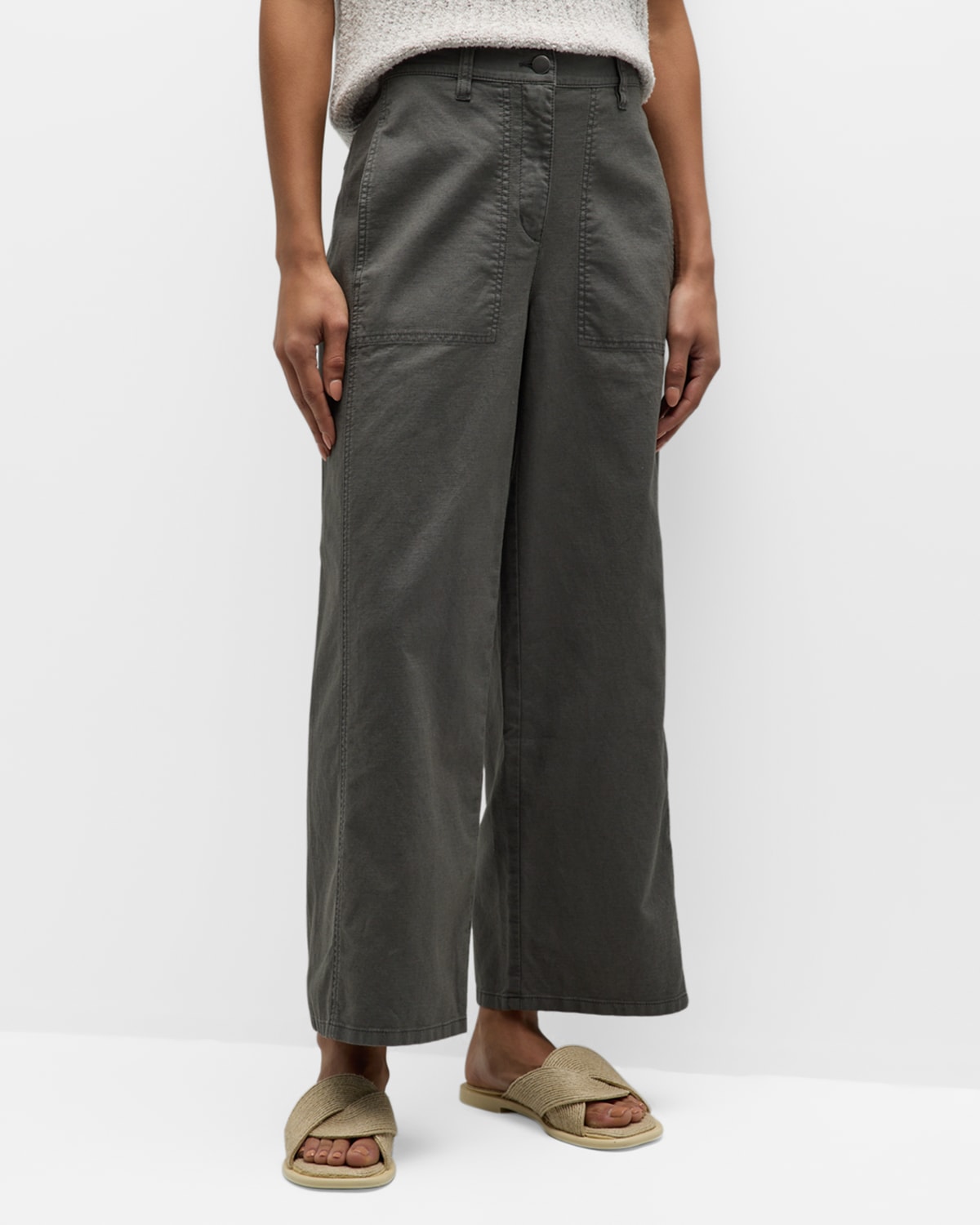 Shop Eileen Fisher Cropped Wide-leg Hemp-cotton Pants In Grove