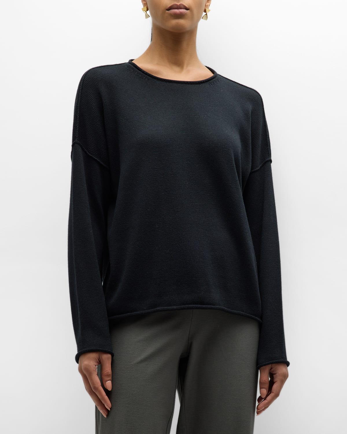 Eileen Fisher Crewneck Drop-shoulder Knit Pullover In Black