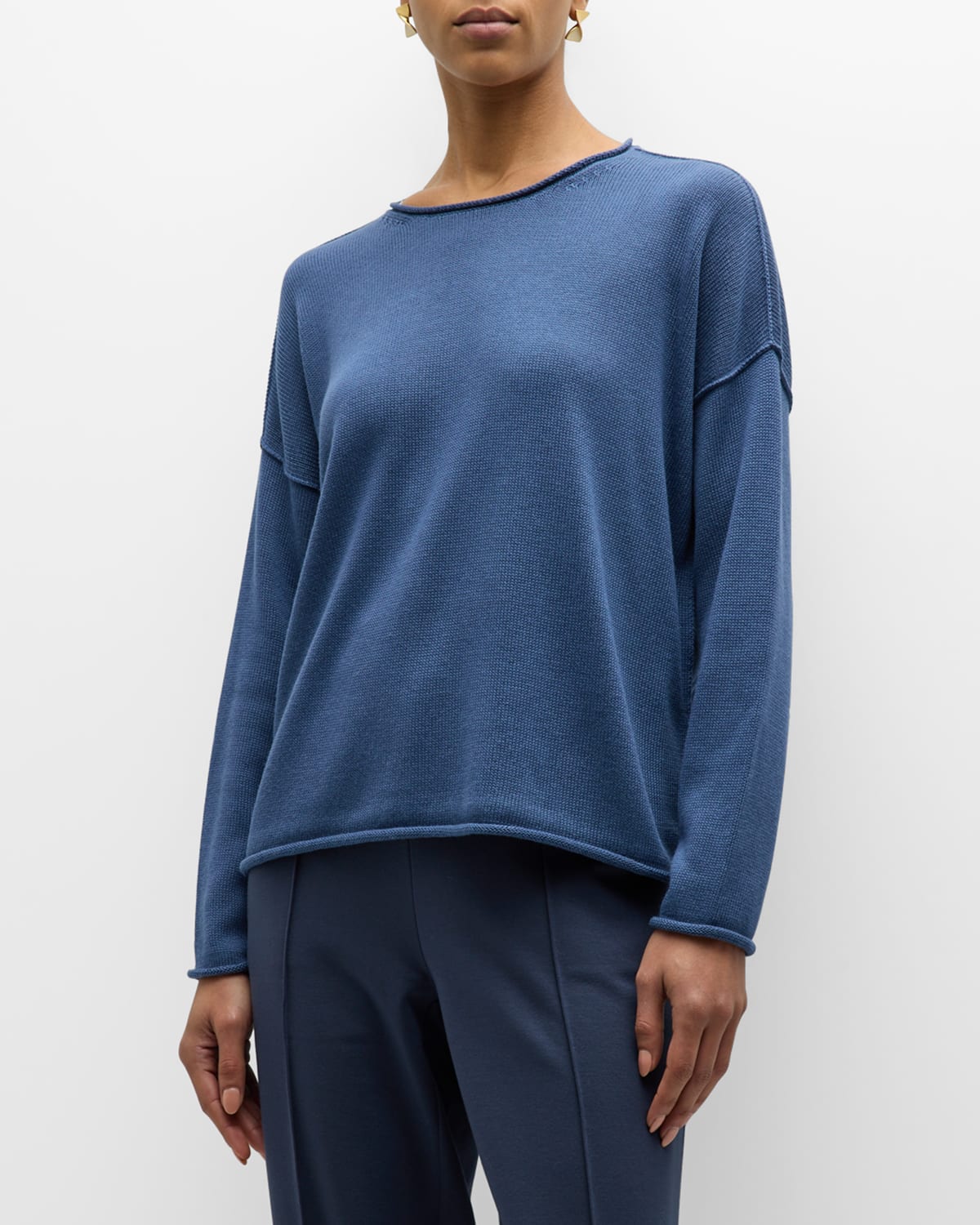 Shop Eileen Fisher Crewneck Drop-shoulder Knit Pullover In Twilight