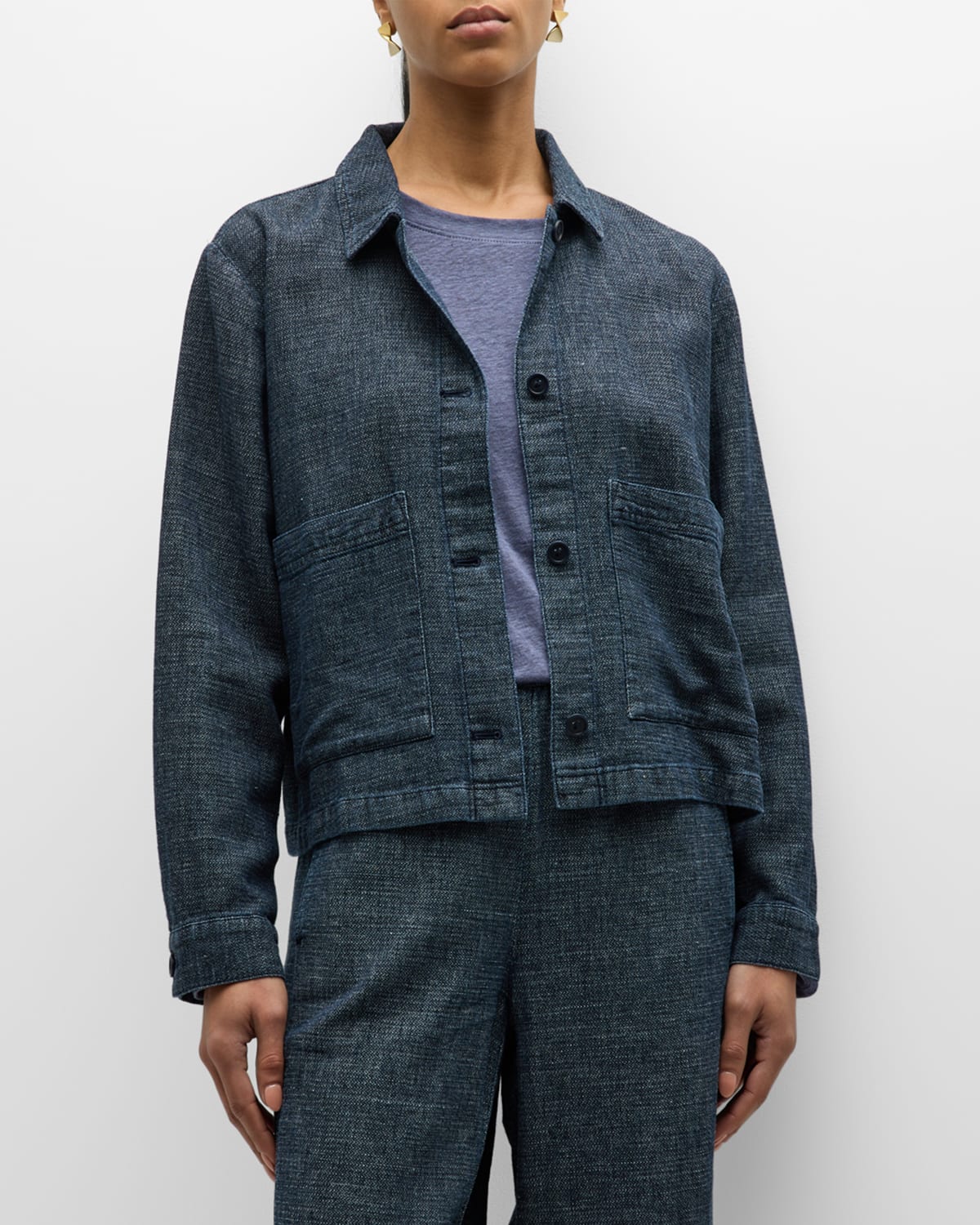Shop Eileen Fisher Button-down Hemp-organic Cotton Jacket In Denim
