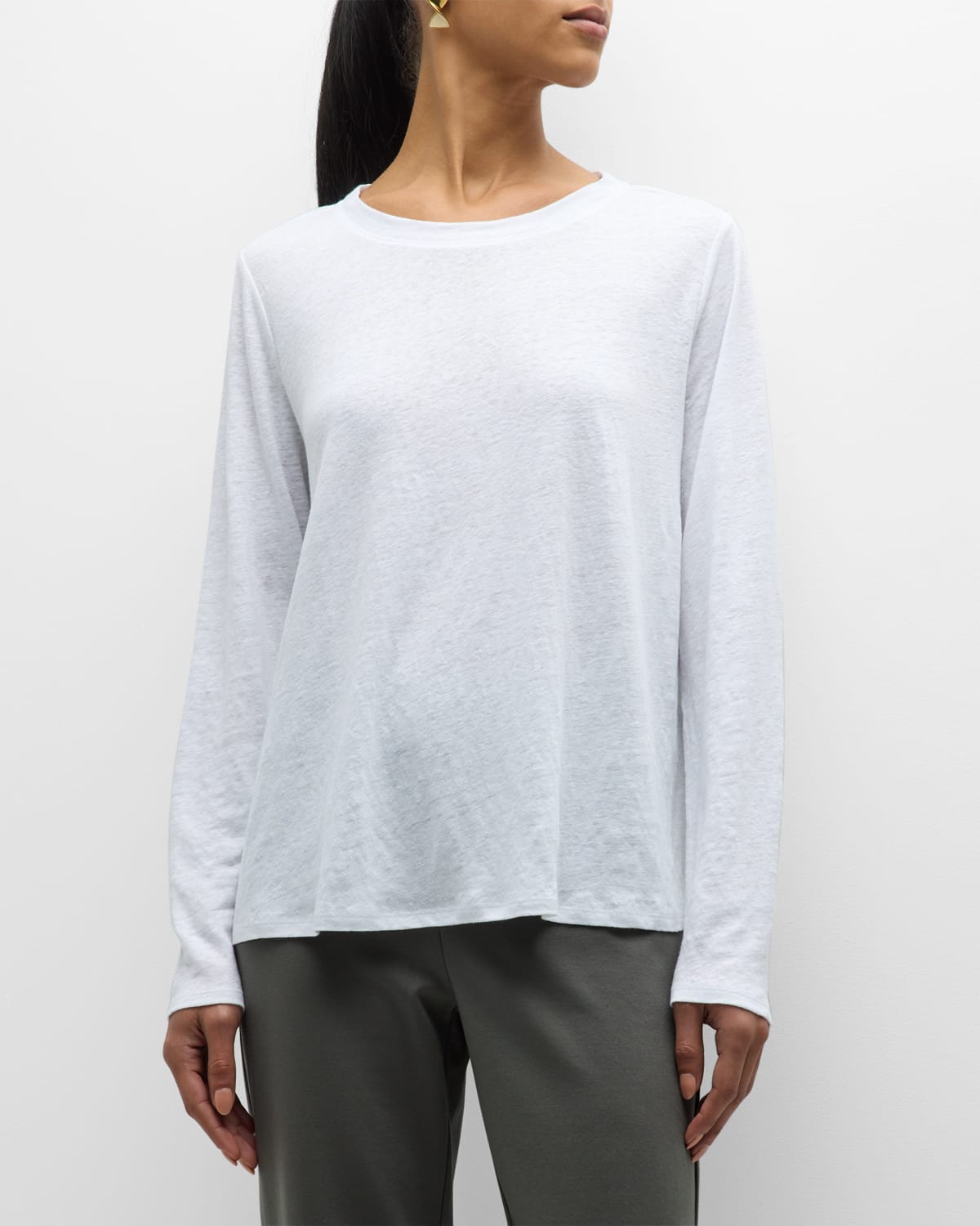 Eileen Fisher Long-sleeve Organic Linen Jersey Tee In White