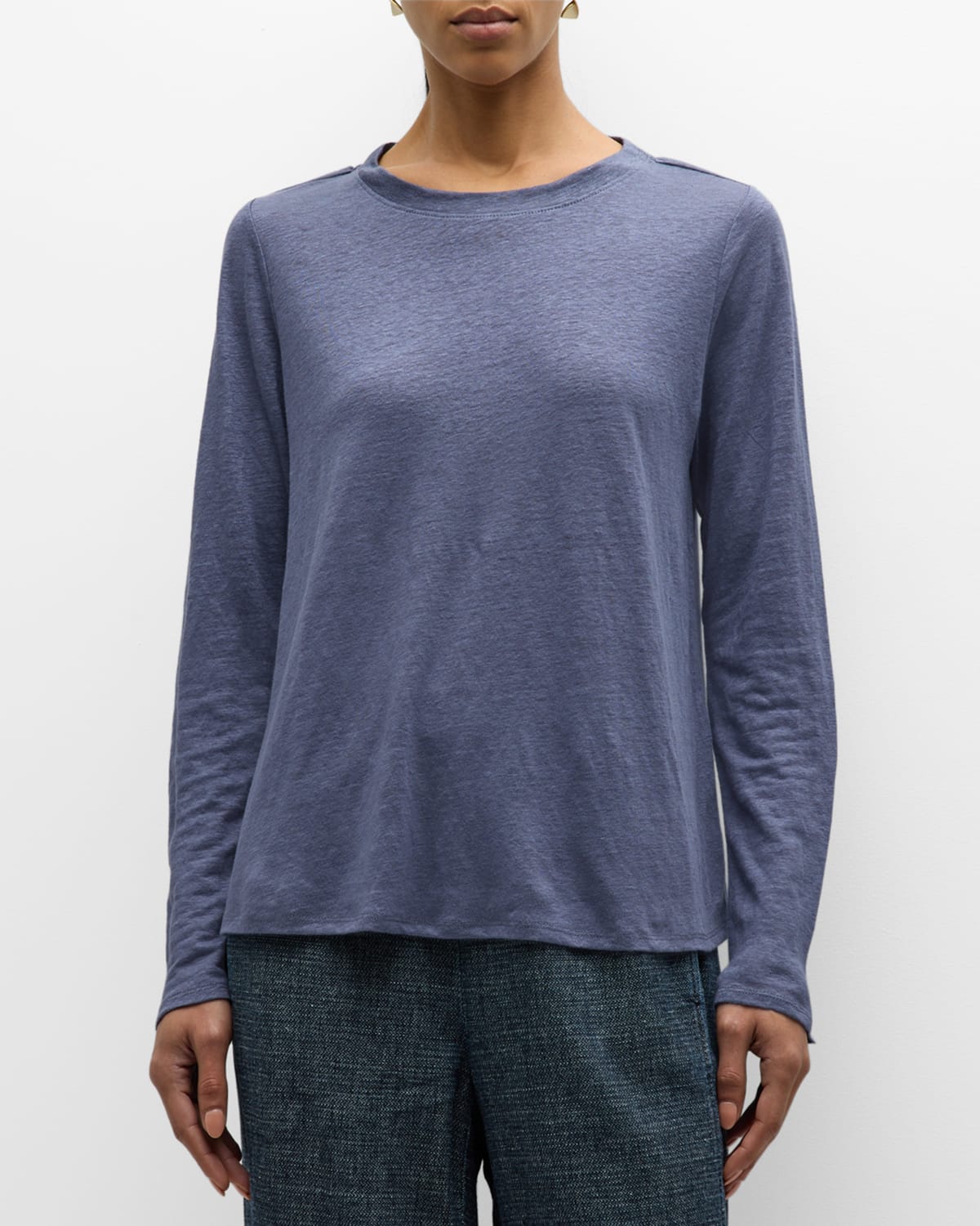 Shop Eileen Fisher Long-sleeve Organic Linen Jersey Tee In Twilight