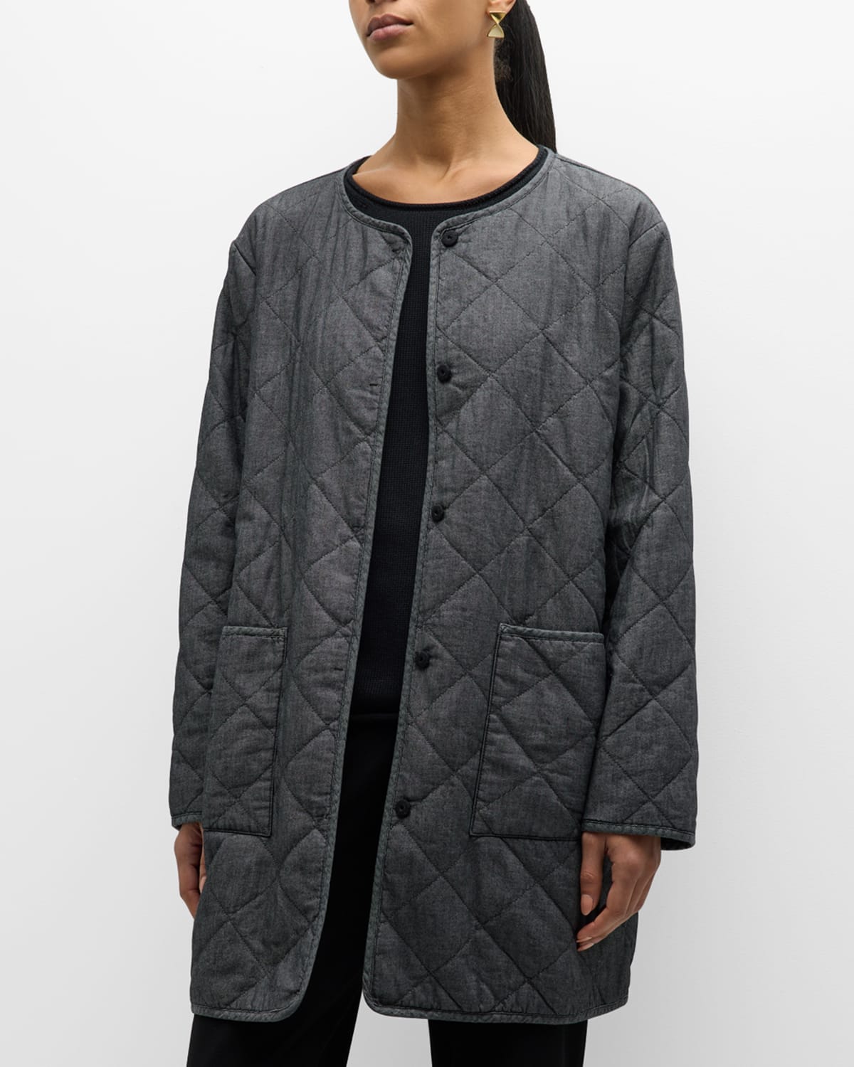 Shop Eileen Fisher Quilted Snap-front Organic Cotton Coat In Black
