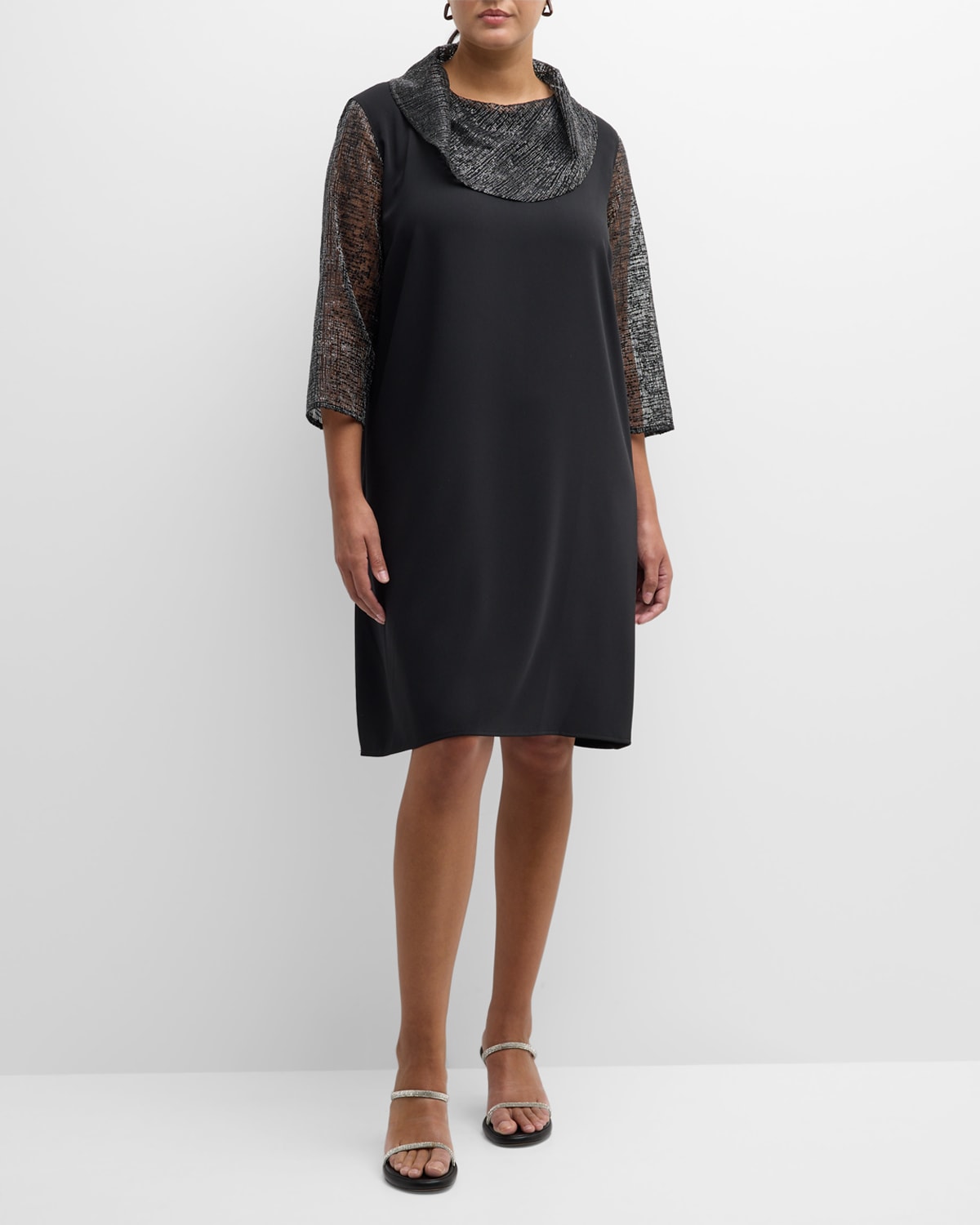 Caroline Rose Plus Plus Size Sequin Mesh & Crepe Midi Shift Dress In Blacksilver