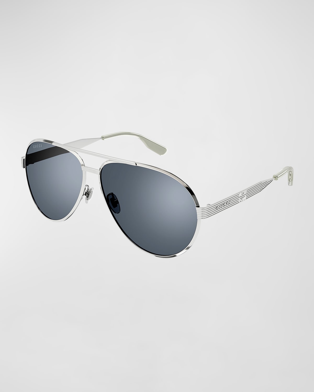 Shop Gucci Men's Double-bridge Metal Aviator Sunglasses In Shiny Silver