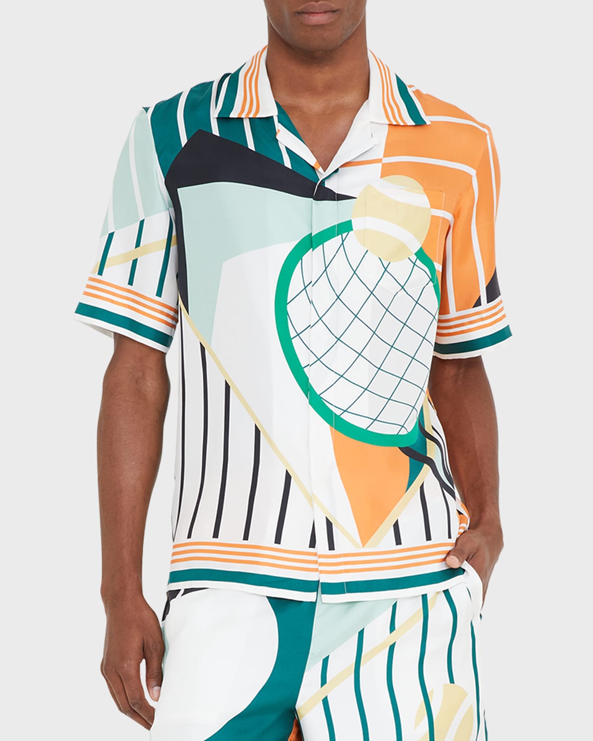 Shop Casablanca Men's Abstract Tennis-print Silk Camp Shirt In Court