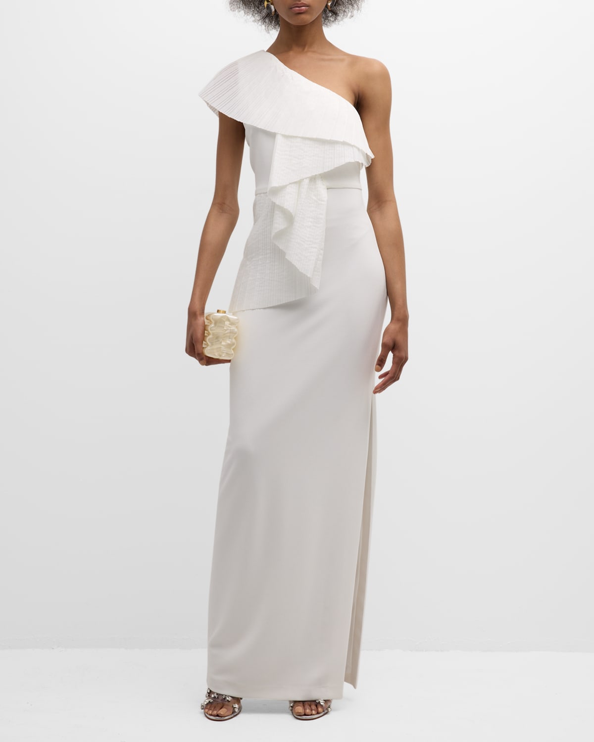 One33 Social One-shoulder Ruffle Column Gown In Light Ivory
