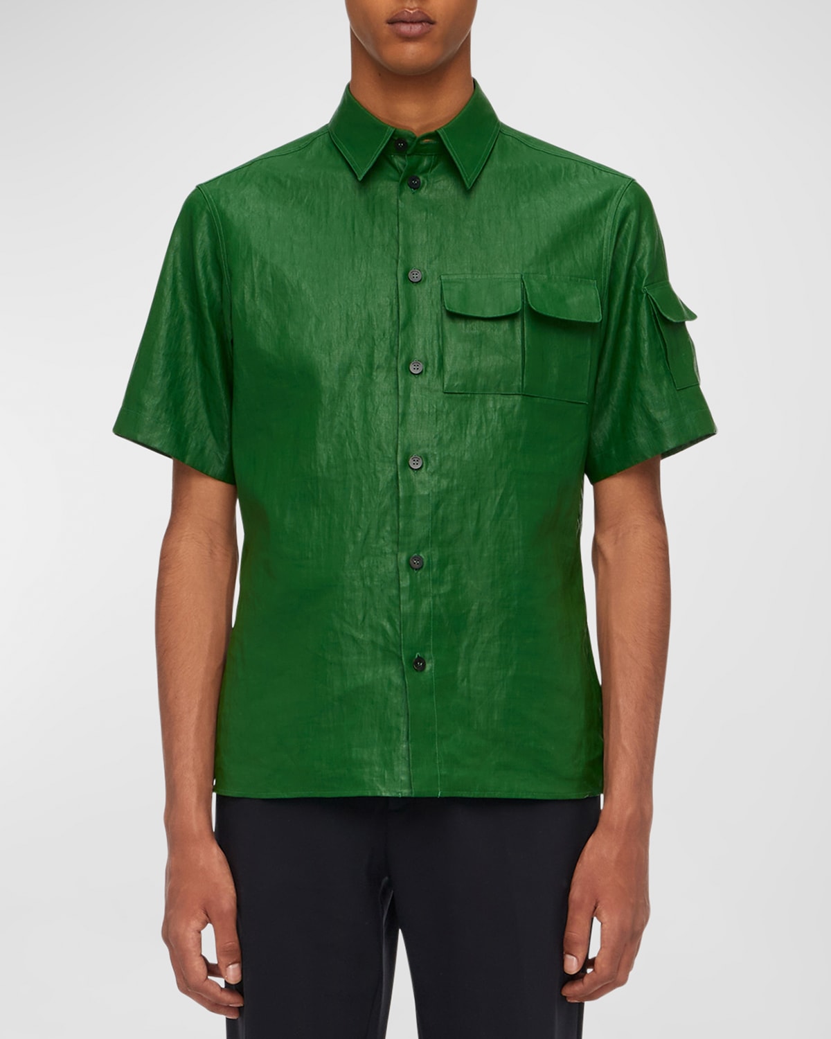 Shop Ferragamo Men's Coated Linen Sport Shirt In Forest Gre