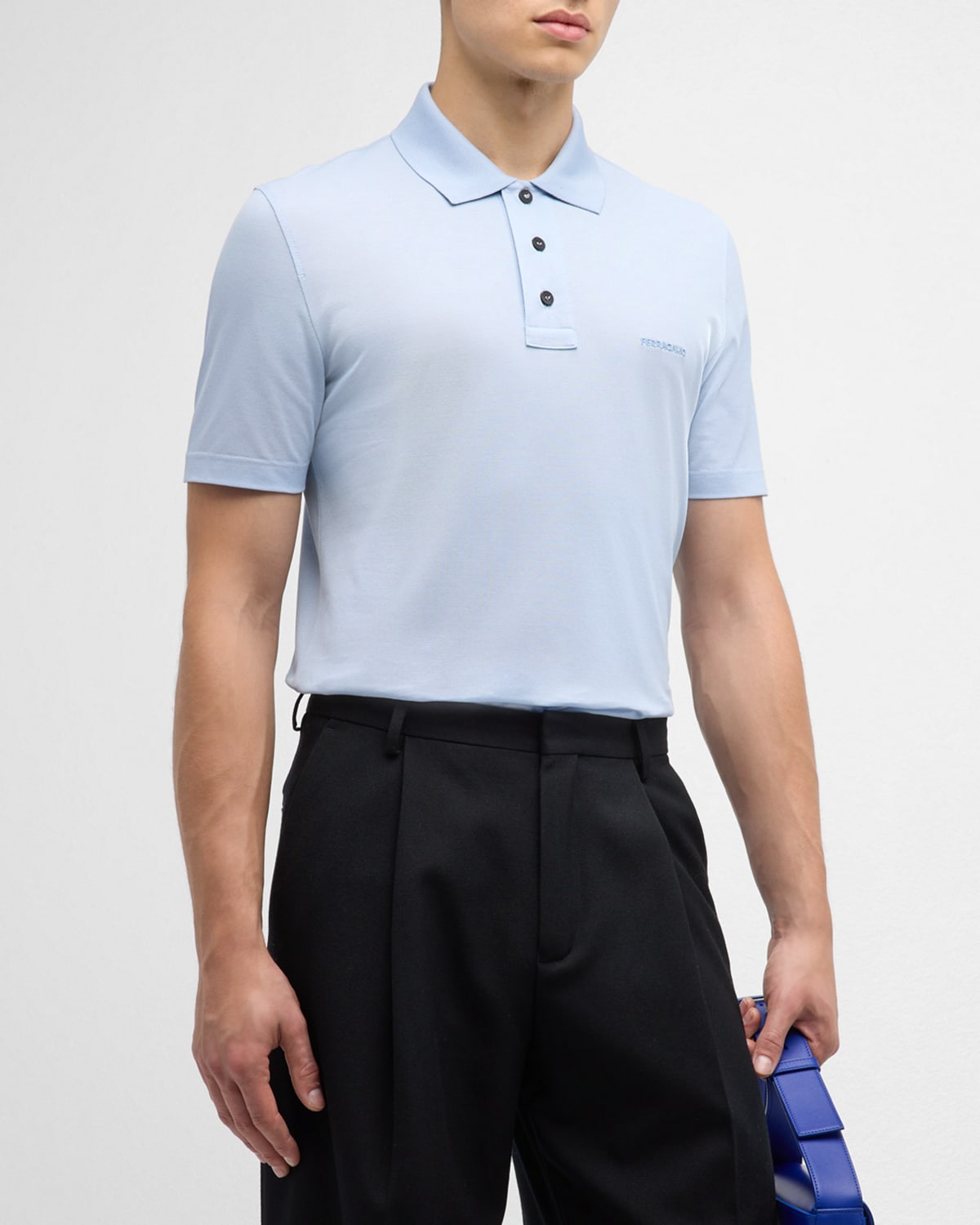 Shop Ferragamo Men's 3-button Polo Shirt In Light Blue