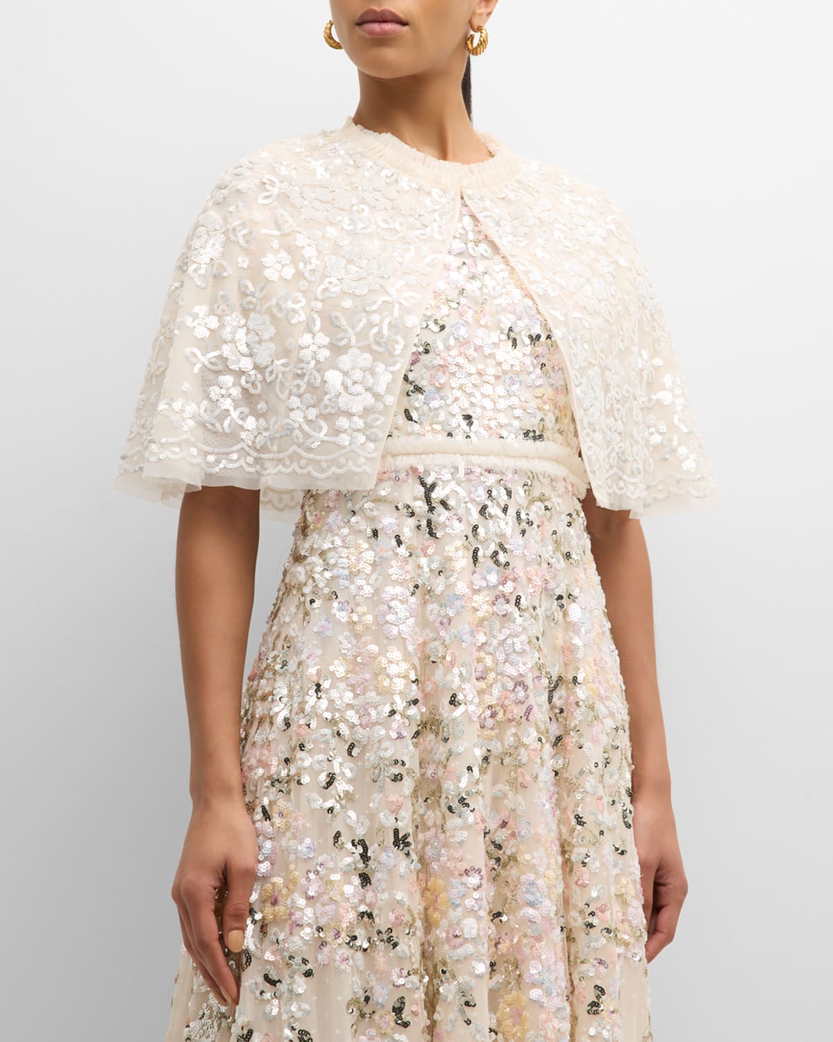 Needle & Thread Regal Rose Floral Sequin Tulle Cape In White