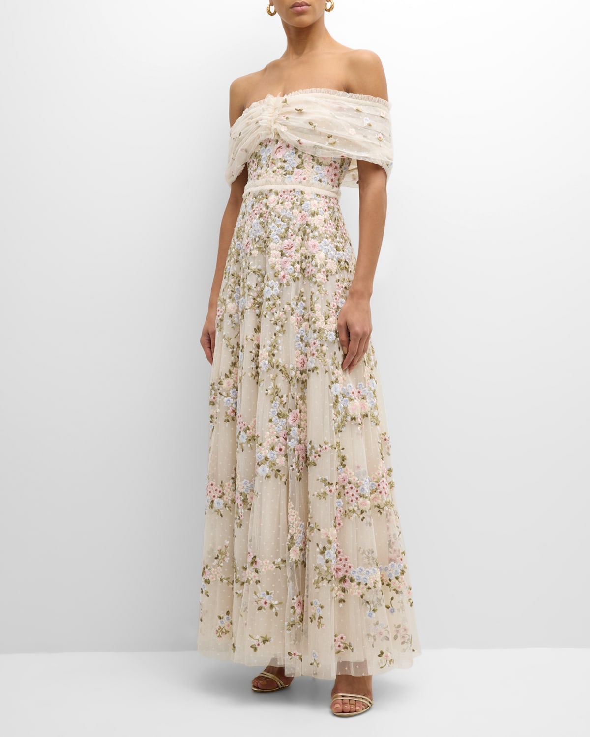 Needle & Thread Lunaria Wreath Floral-embroidered Tulle Gown In White
