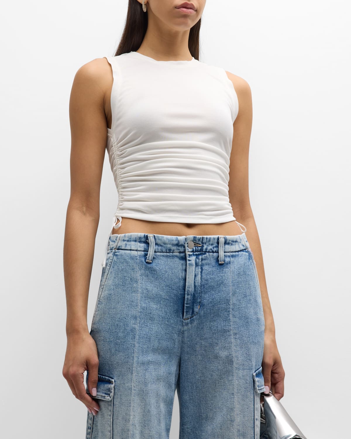 Shop Alice And Olivia Chrissy Crewneck Ruched Crop Top In Off White