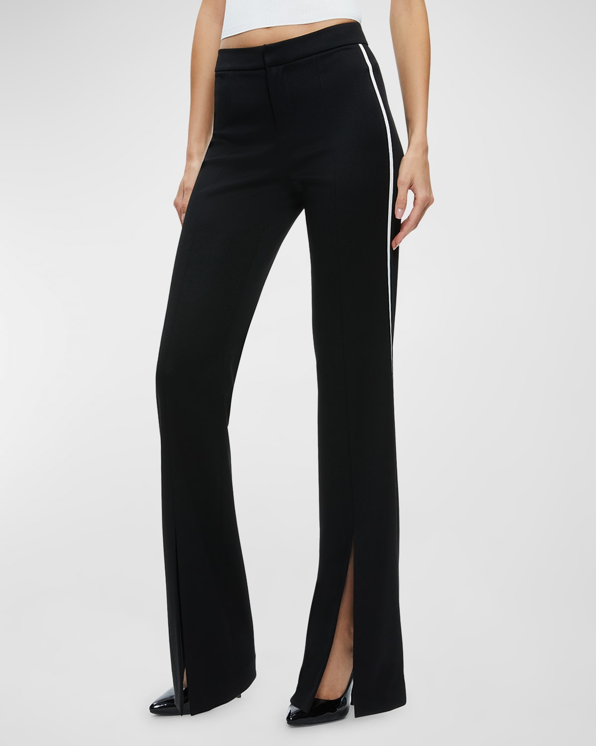 Shop Alice And Olivia Princess Low-rise Slit Flare Pants In Black/off White