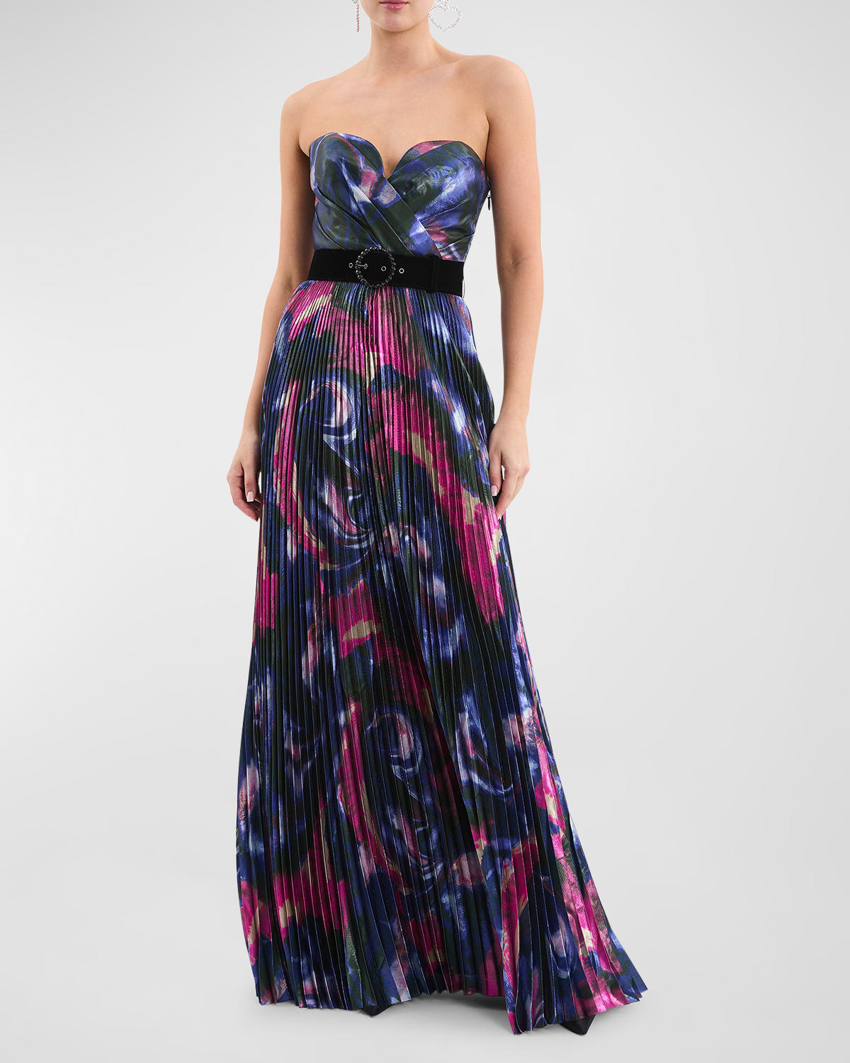 Rebecca Vallance Marlee Pleated Strapless Metallic Gown In Print