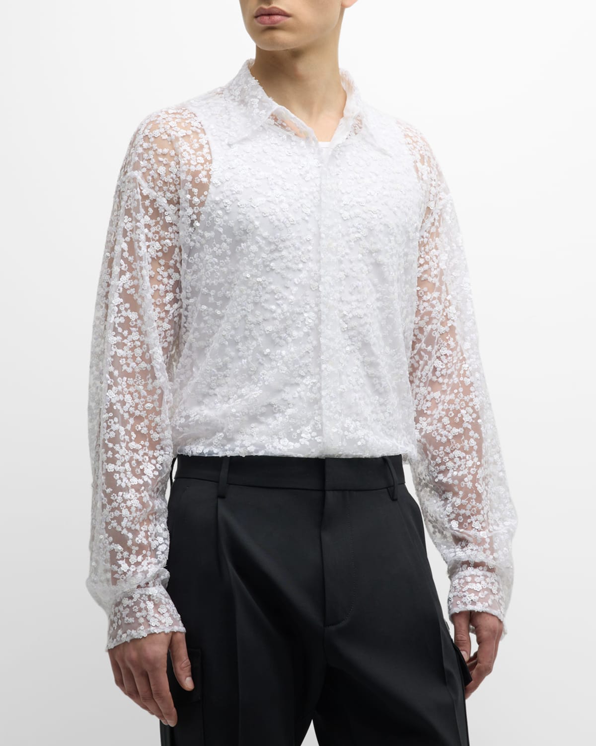 Shop Dsquared2 Men's Sequin Blossoms Sheer Dress Shirt In White