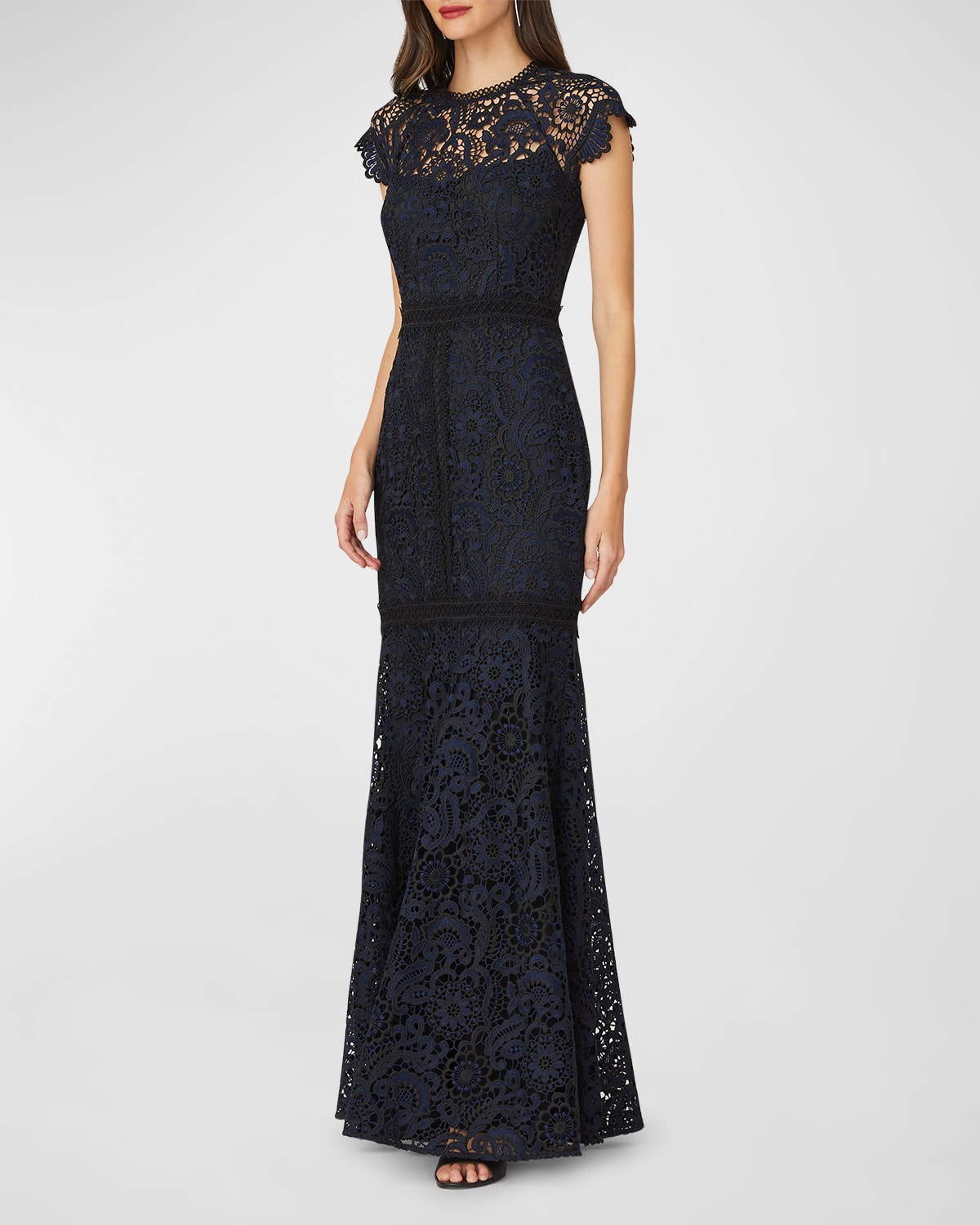 Shop Shoshanna Carlotta Cap-sleeve Floral Lace Gown In Jetnavy
