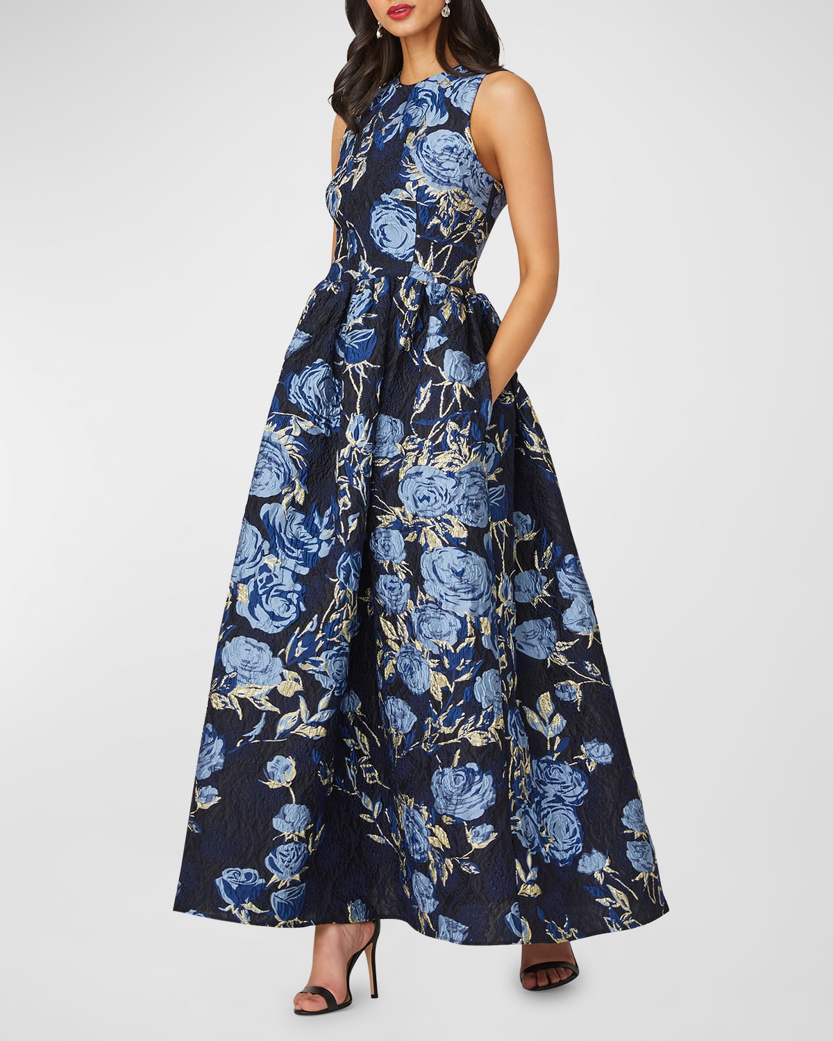 Shop Shoshanna Serra Sleeveless A-line Floral Jacquard Gown In Navybluegold