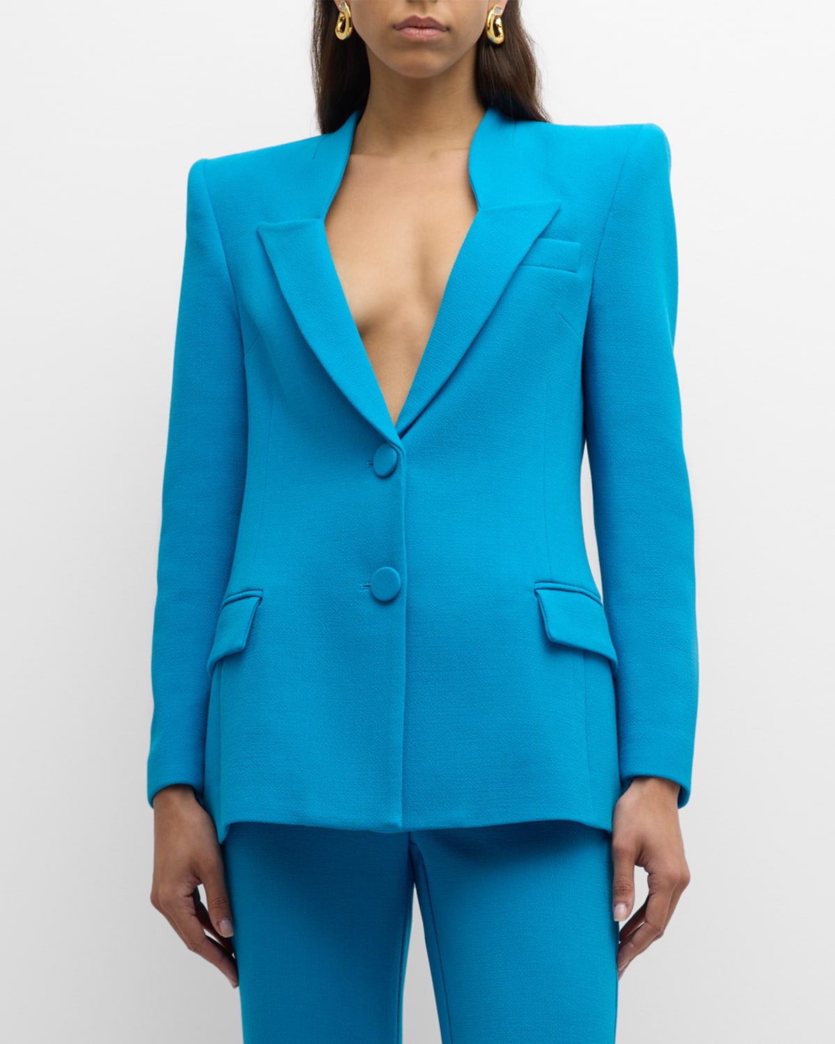 Shop Sergio Hudson Strong-shoulder Double-breasted Blazer Jacket In Turquoise