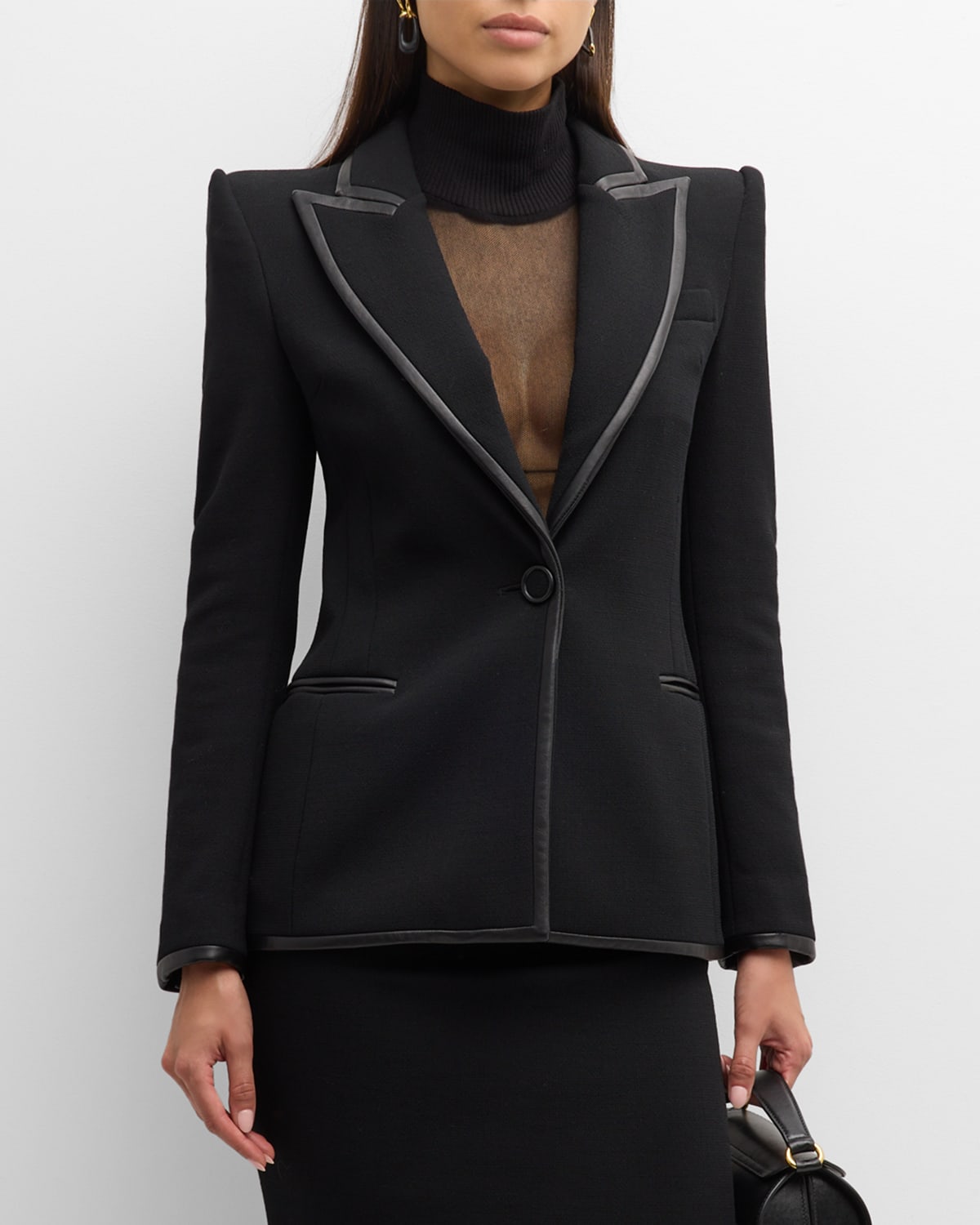 Sergio Hudson Leather Frame Strong-shoulder Single-breasted Blazer Jacket In Black