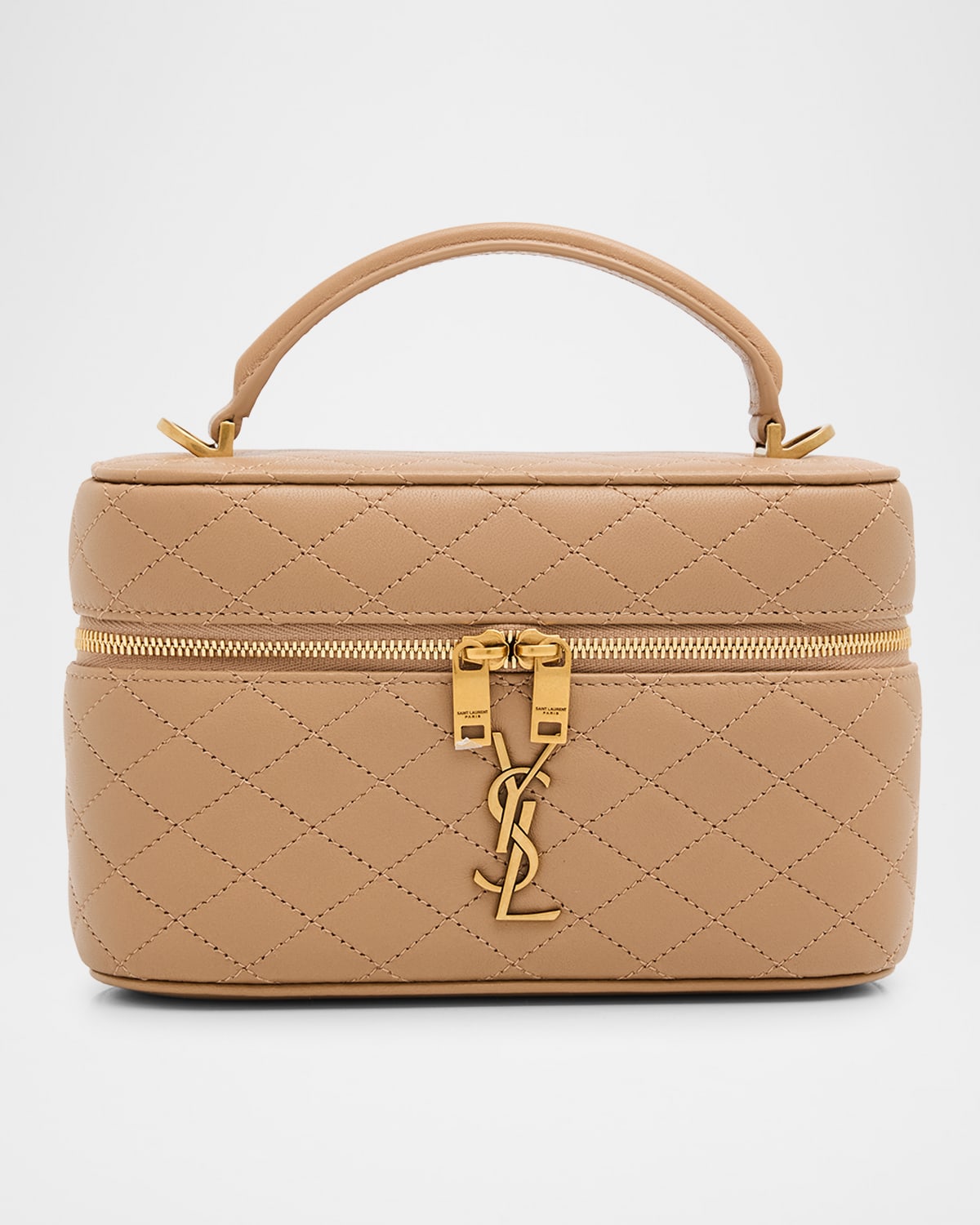 Shop Saint Laurent Gabby Mini Vanity Case In Quilted Leather With Gold Hardware In Dark Toffee