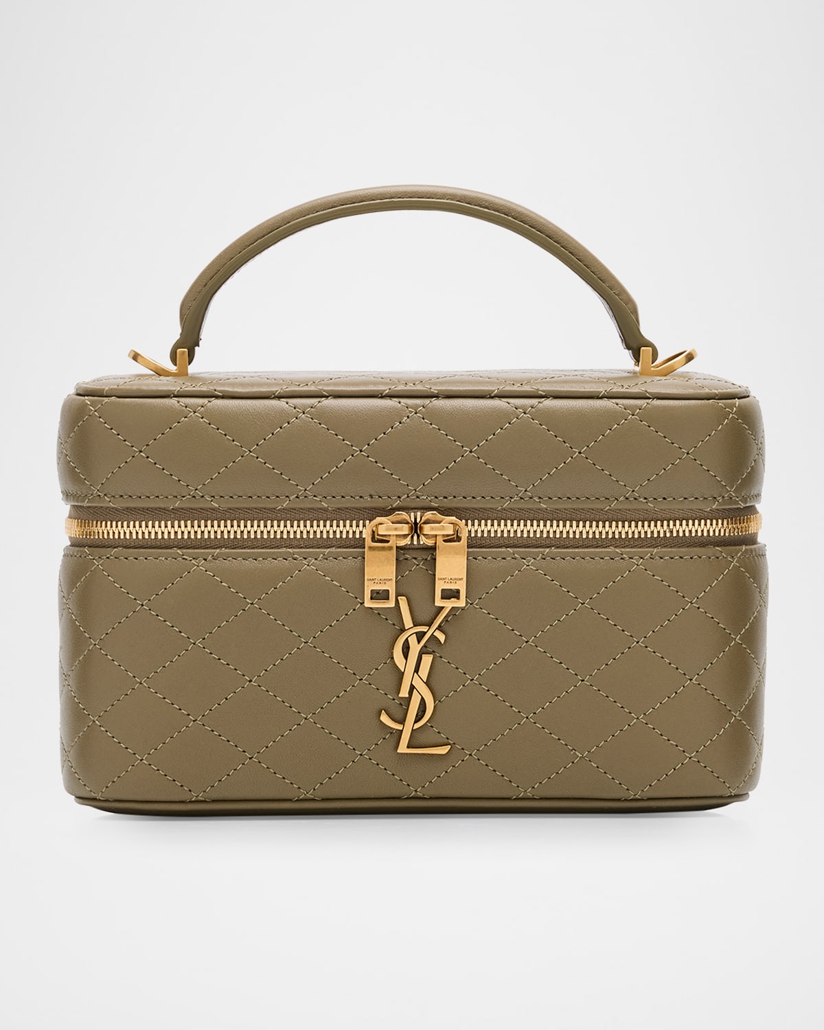 Saint Laurent Gabby Mini Vanity Case In Quilted Leather With Gold Hardware In Strong Moss