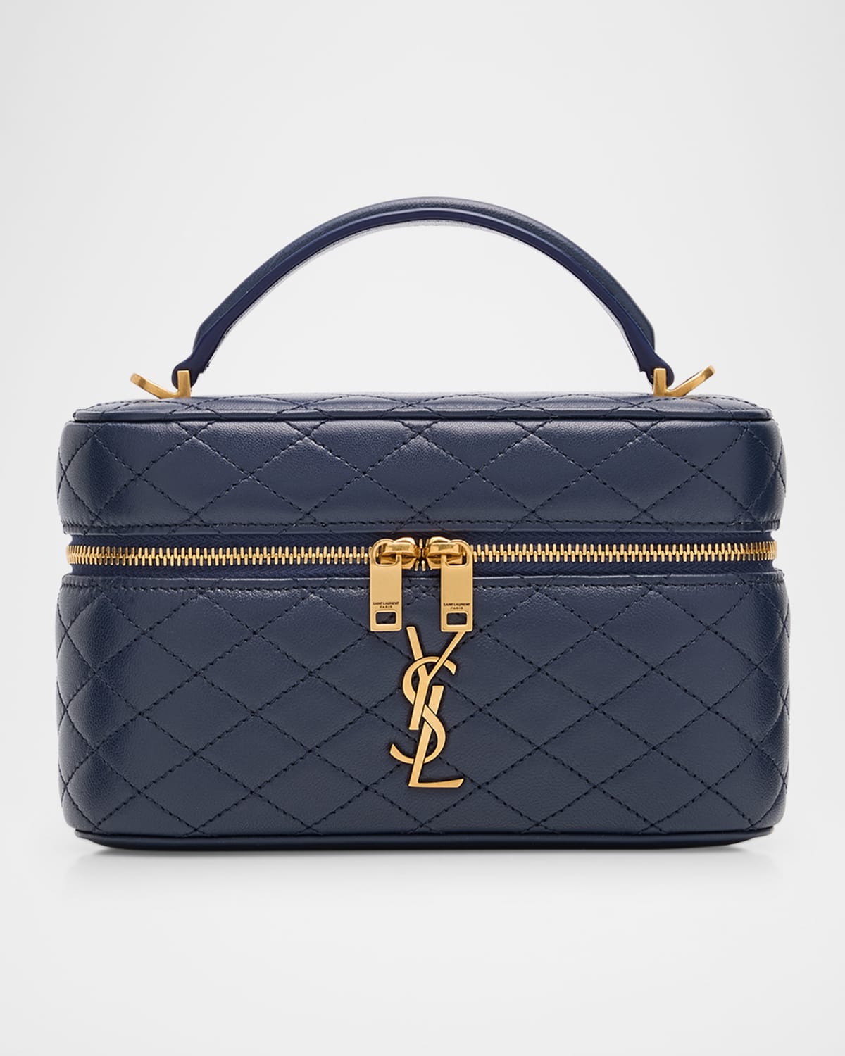 Saint Laurent Gabby Mini Vanity Case In Quilted Leather With Gold Hardware In Marine