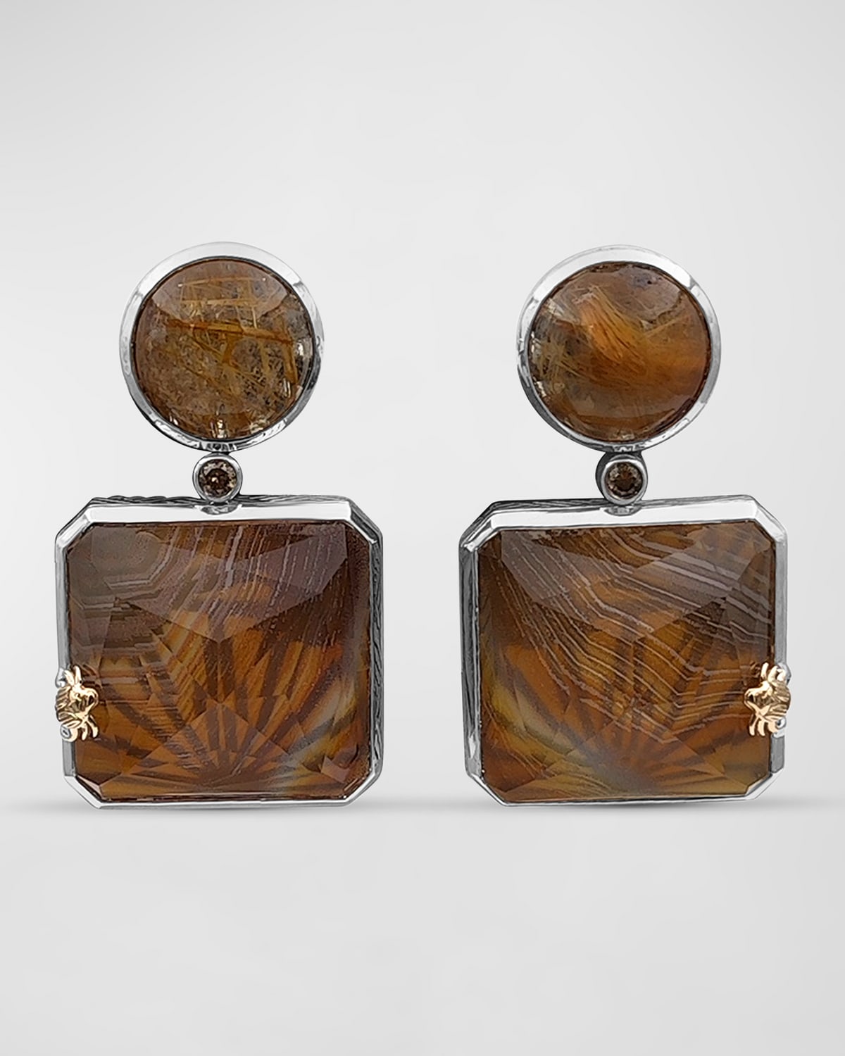 Stephen Dweck Rutilated Quartz And Natural Quartz Agate Drop Earrings With Champagne Diamonds In Brown