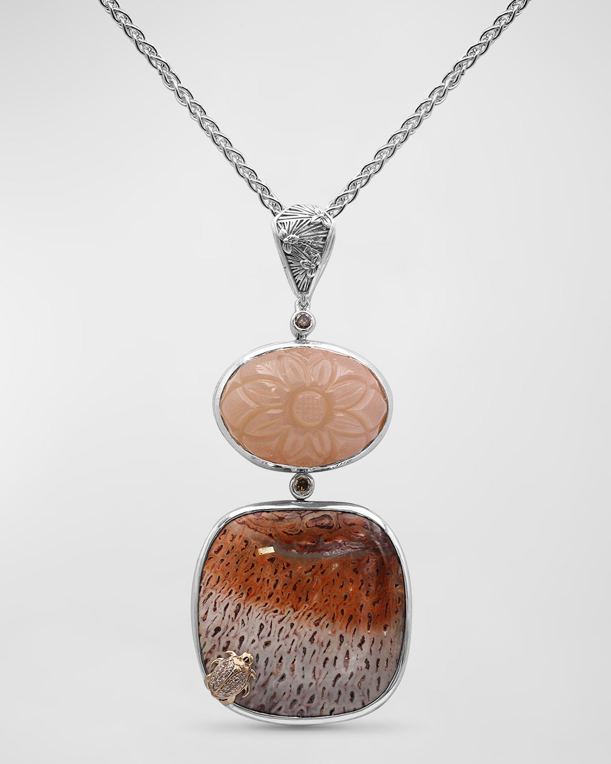 Hand Carved Moonstone Petrified Tree Fern and Champagne Diamond Pendant