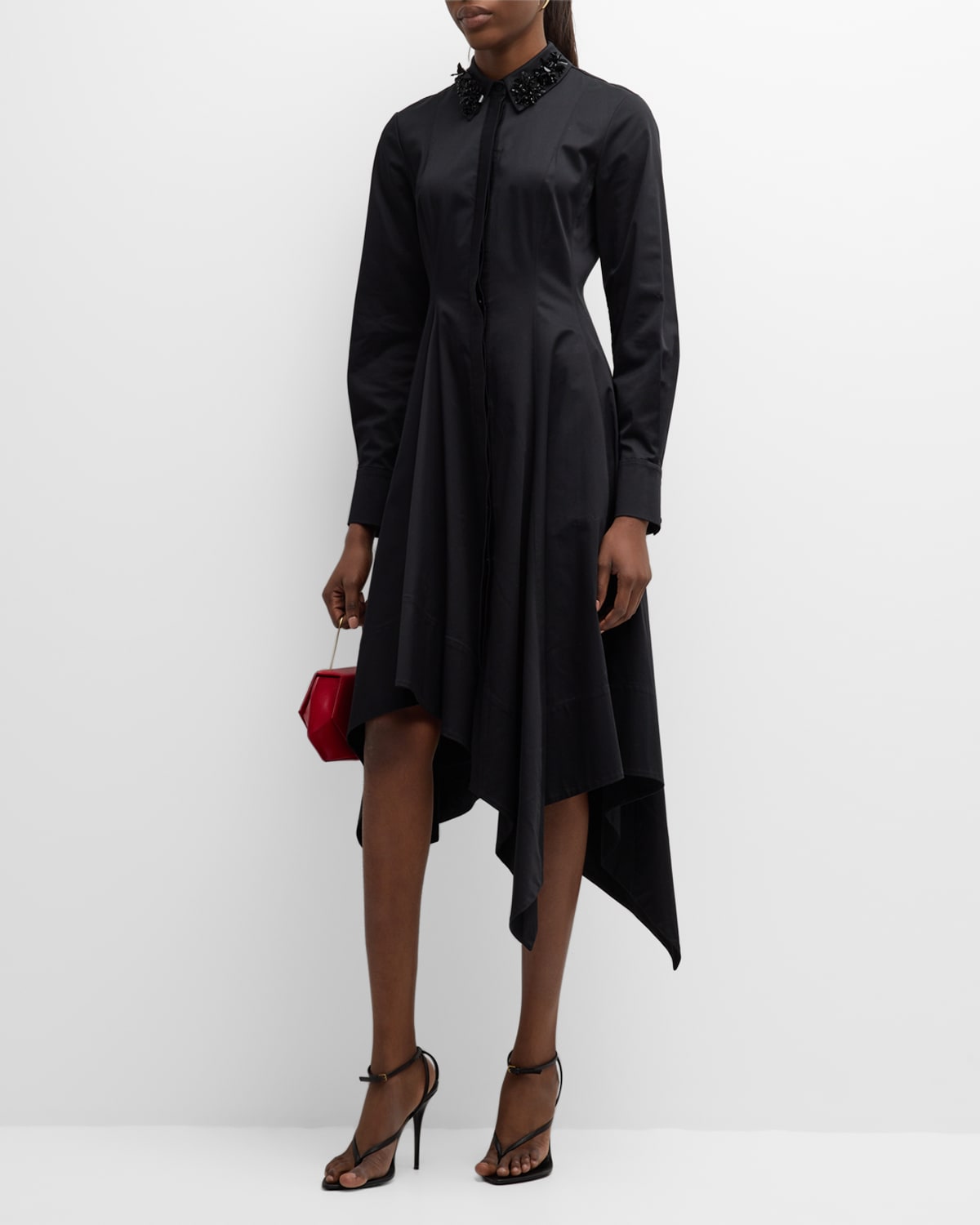 Asymmetric Cotton Midi Dress with Embroidered Collar