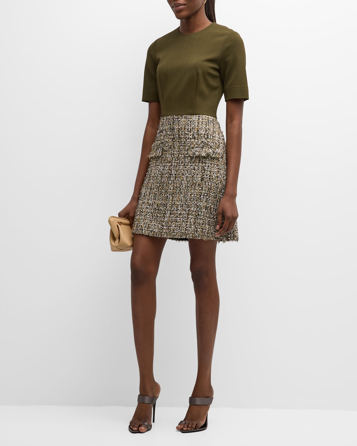 Shop Jason Wu Collection Tweed And Jersey Combo Day Dress In Deep Olive