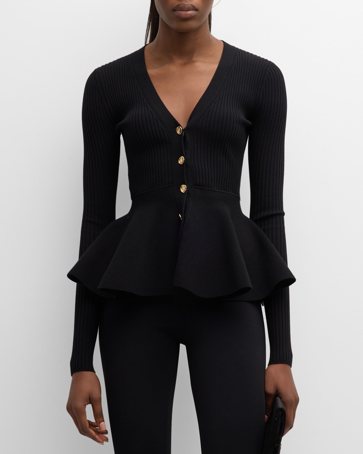 JASON WU COLLECTION RIBBED PEPLUM CARDIGAN WITH GOLD-TONE BUTTONS