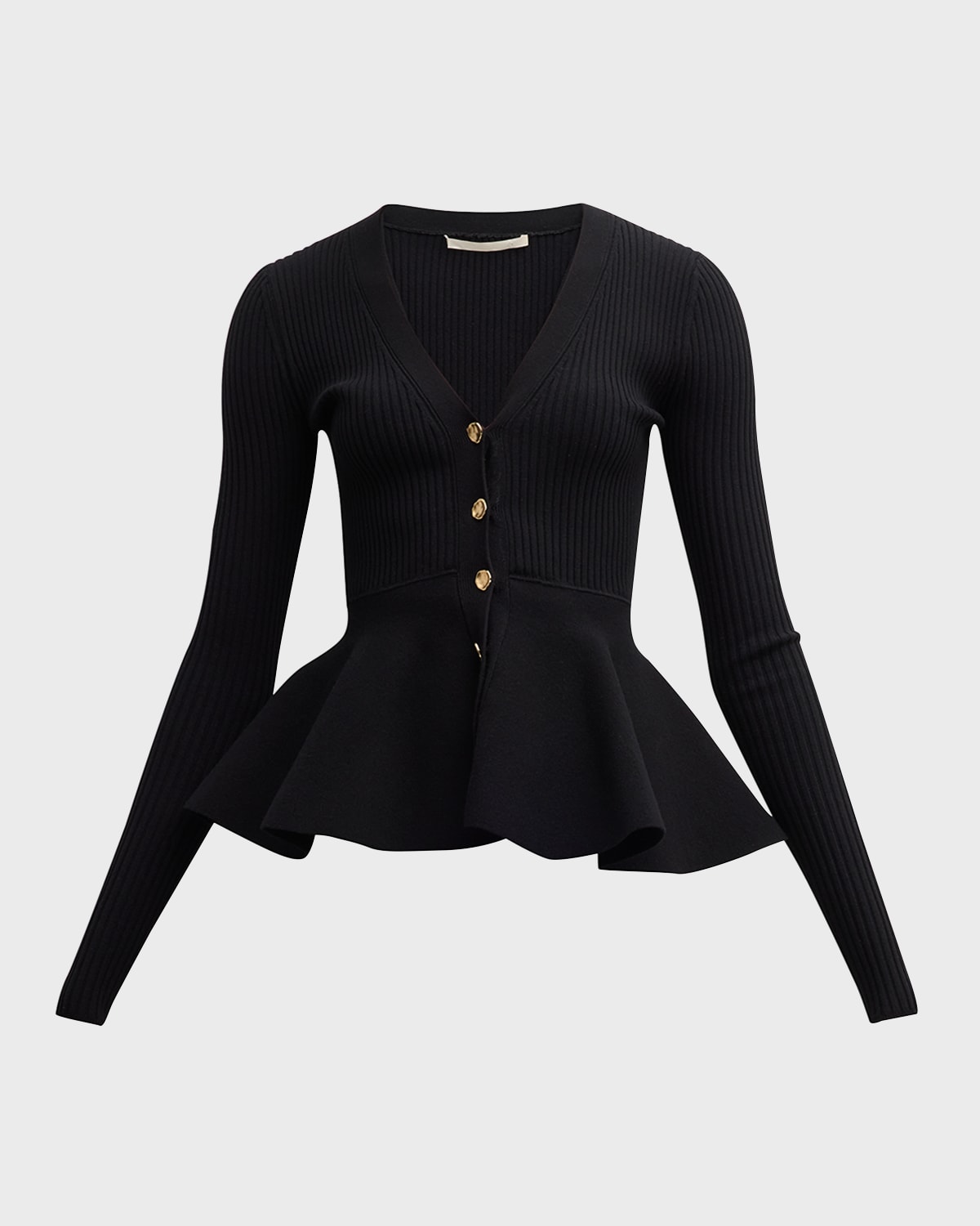 JASON WU COLLECTION RIBBED PEPLUM CARDIGAN WITH GOLD-TONE BUTTONS