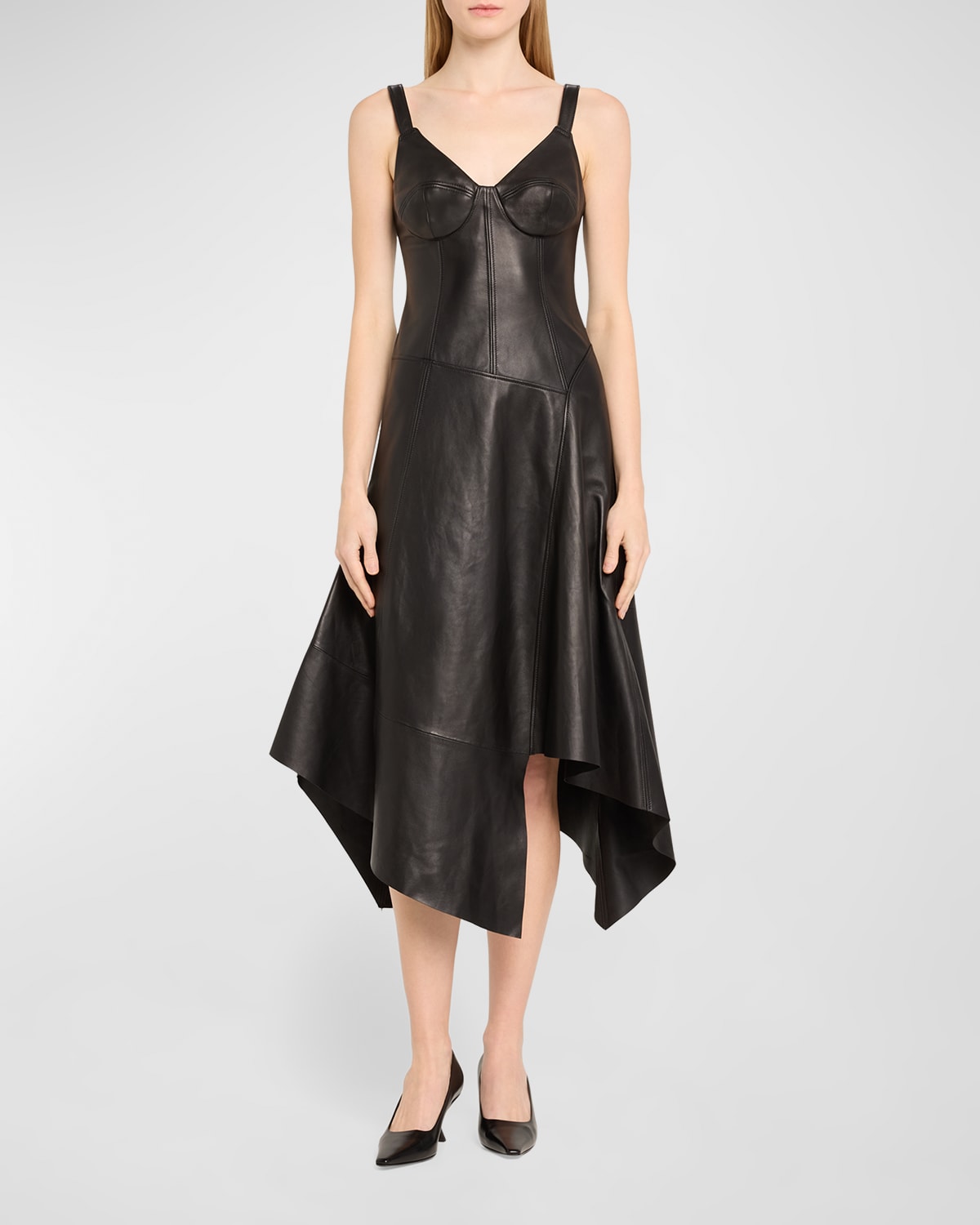 Shop Jason Wu Collection Leather Midi Dress With Asymmetric Skirt In Black