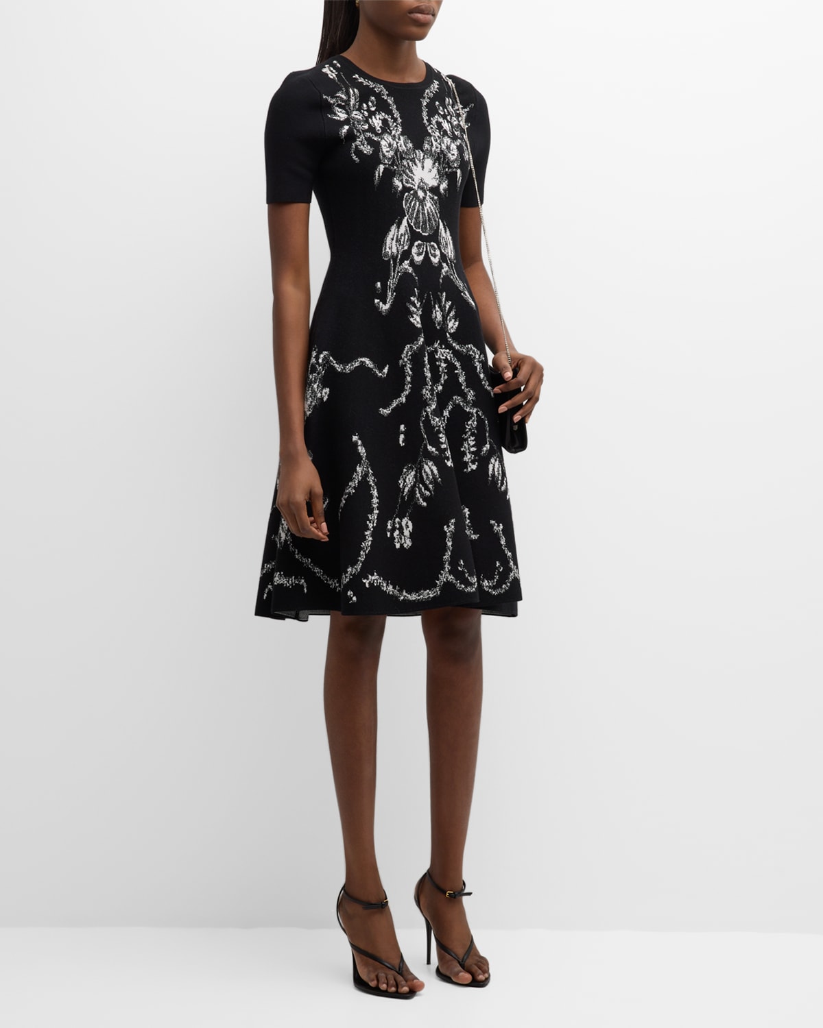 Jason Wu Collection Jacquard Short Sleeve Flare Hem Dress In Black/chalk