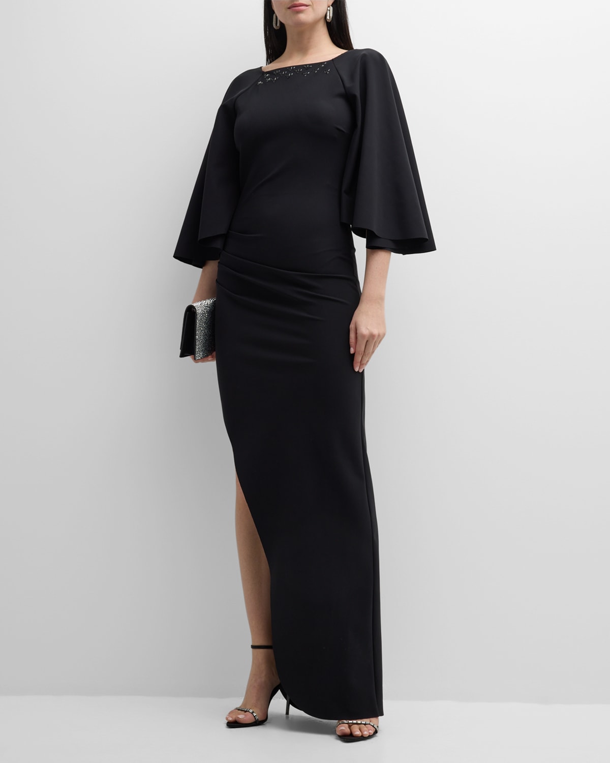 Chiara Boni La Petite Robe Salvia Side-slit Embellished Column Gown In Black