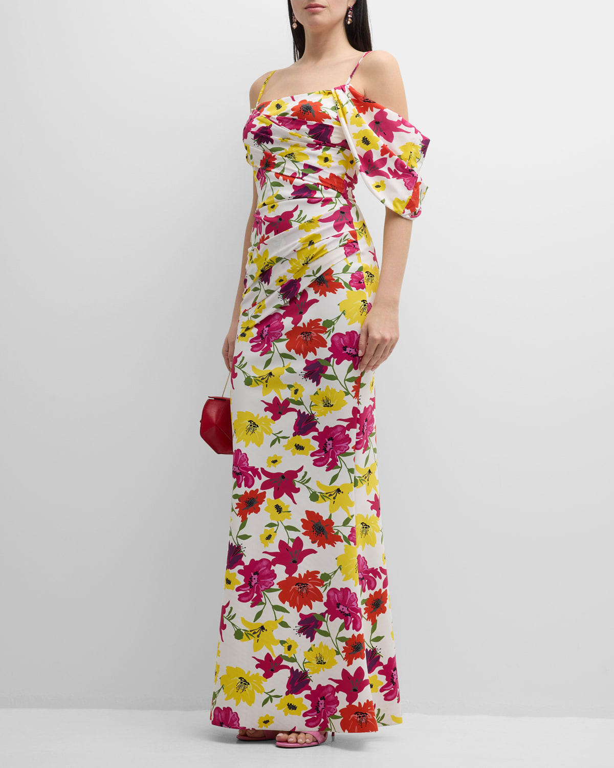 Shop Chiara Boni La Petite Robe Unifila Pleated Floral-print Trumpet Gown In Vibrant Flowers