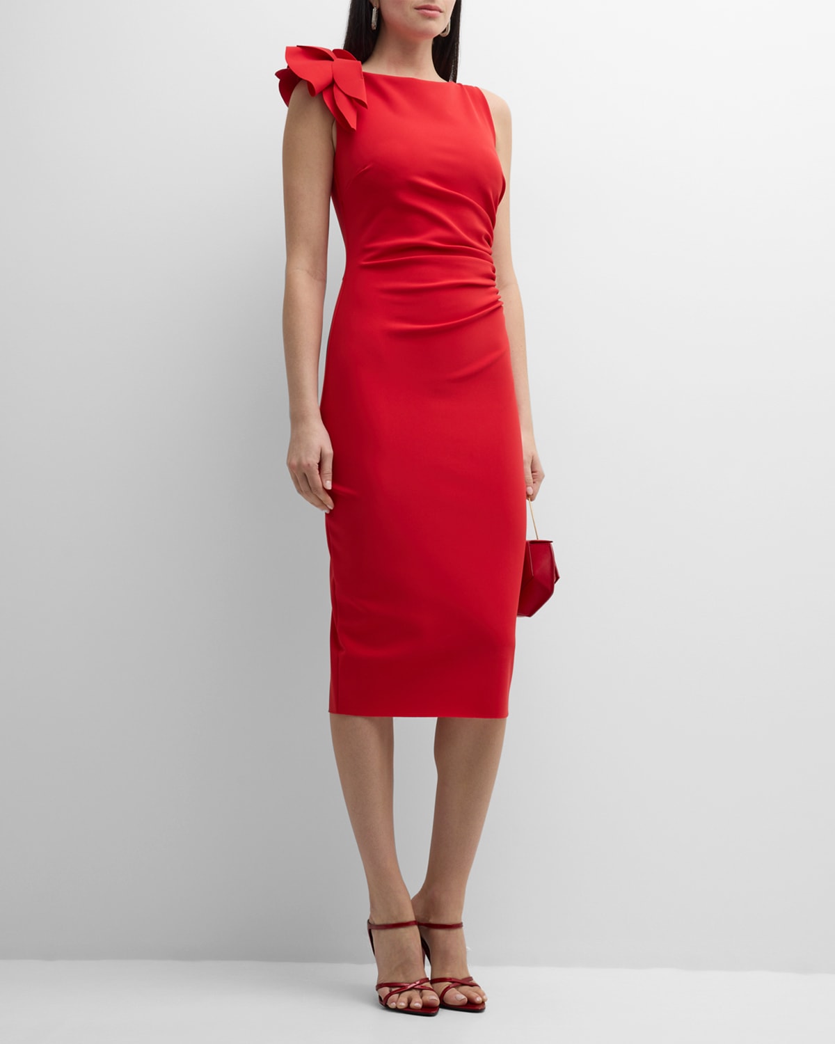 Chiara Boni La Petite Robe Wlasin Ruched Bodycon Ruffle Midi Dress In Red