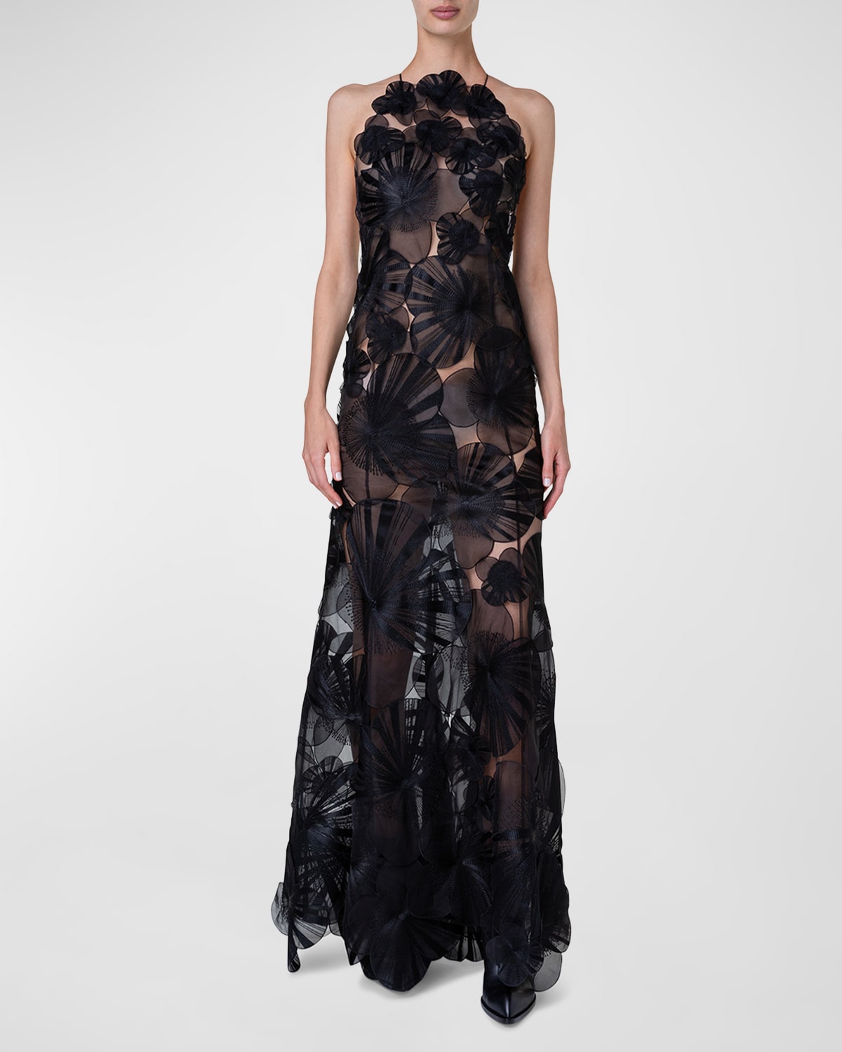 Akris Anemone Tulle Gown With Silk Organza Floral Detail In Black