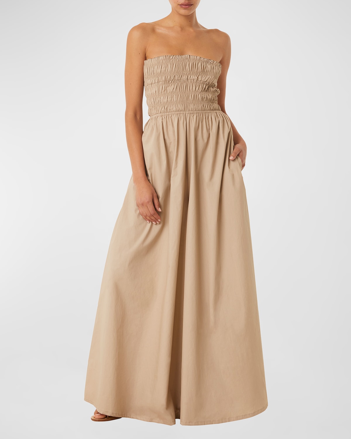 Misa Andrea Strapless Shirred Cotton Wide-leg Jumpsuit In Sand Solid Poplin