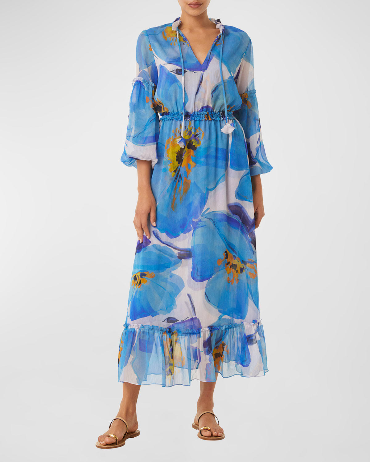 Misa Amata Split-neck Ruffled Chiffon Midi Dress In Blue Poppy