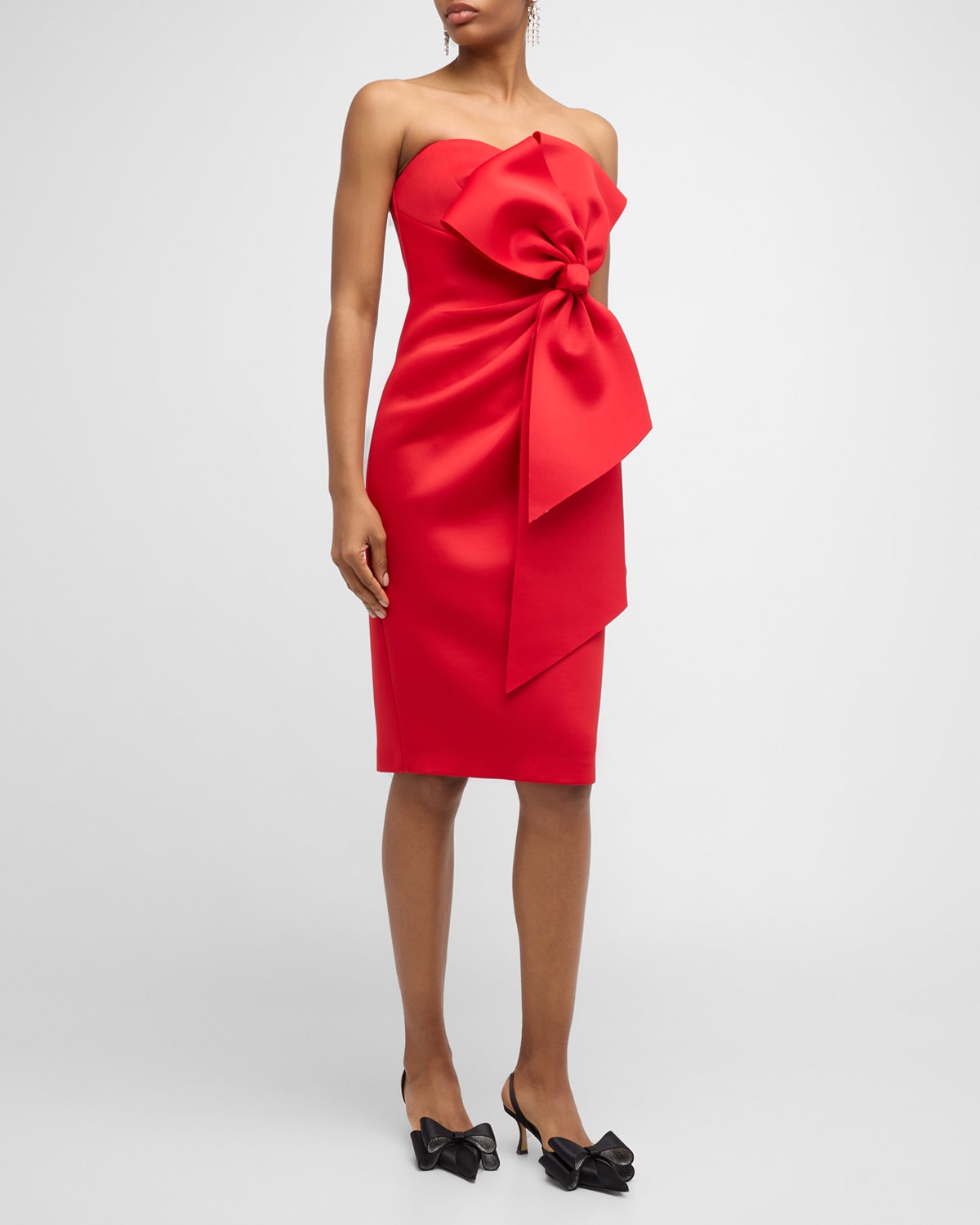 Shop Badgley Mischka Strapless Bow-front Bodycon Midi Dress In Red